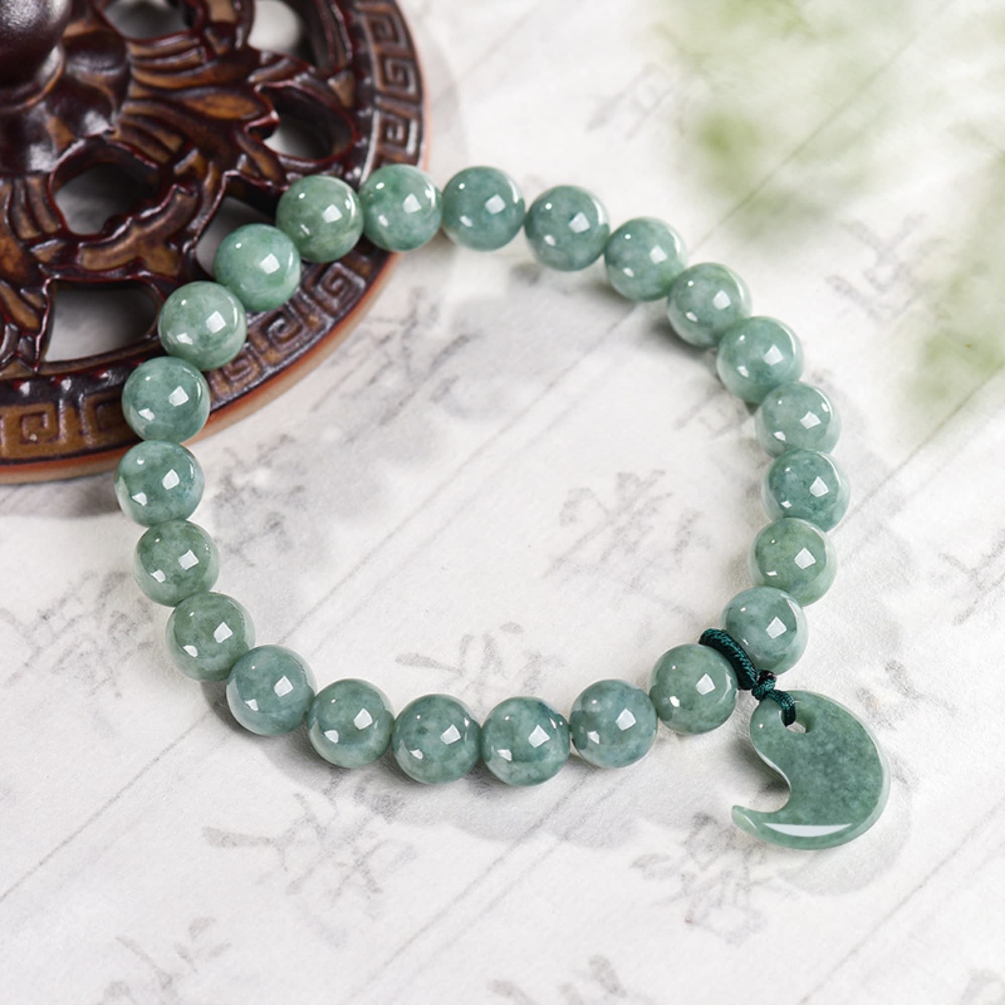 DDP 14-16cm Natural Certificated Type A Bean Green Burmese Jadeite Round Beads Magatama Bracelet