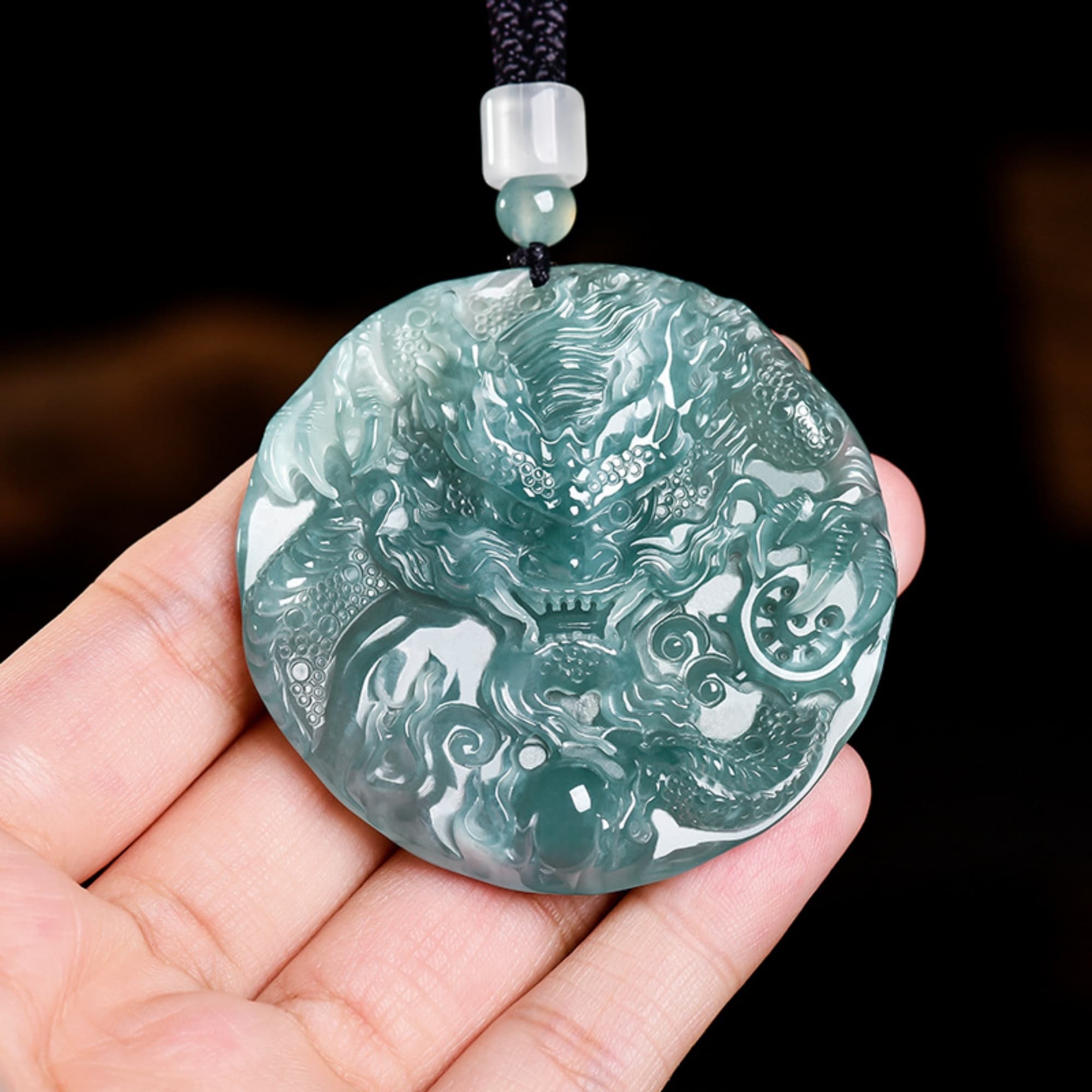 DDP 60.5mm Natural Certificated Type A Untreated Blue Watery Guatemalan Jadeite Round Dragon Amulet Pendant