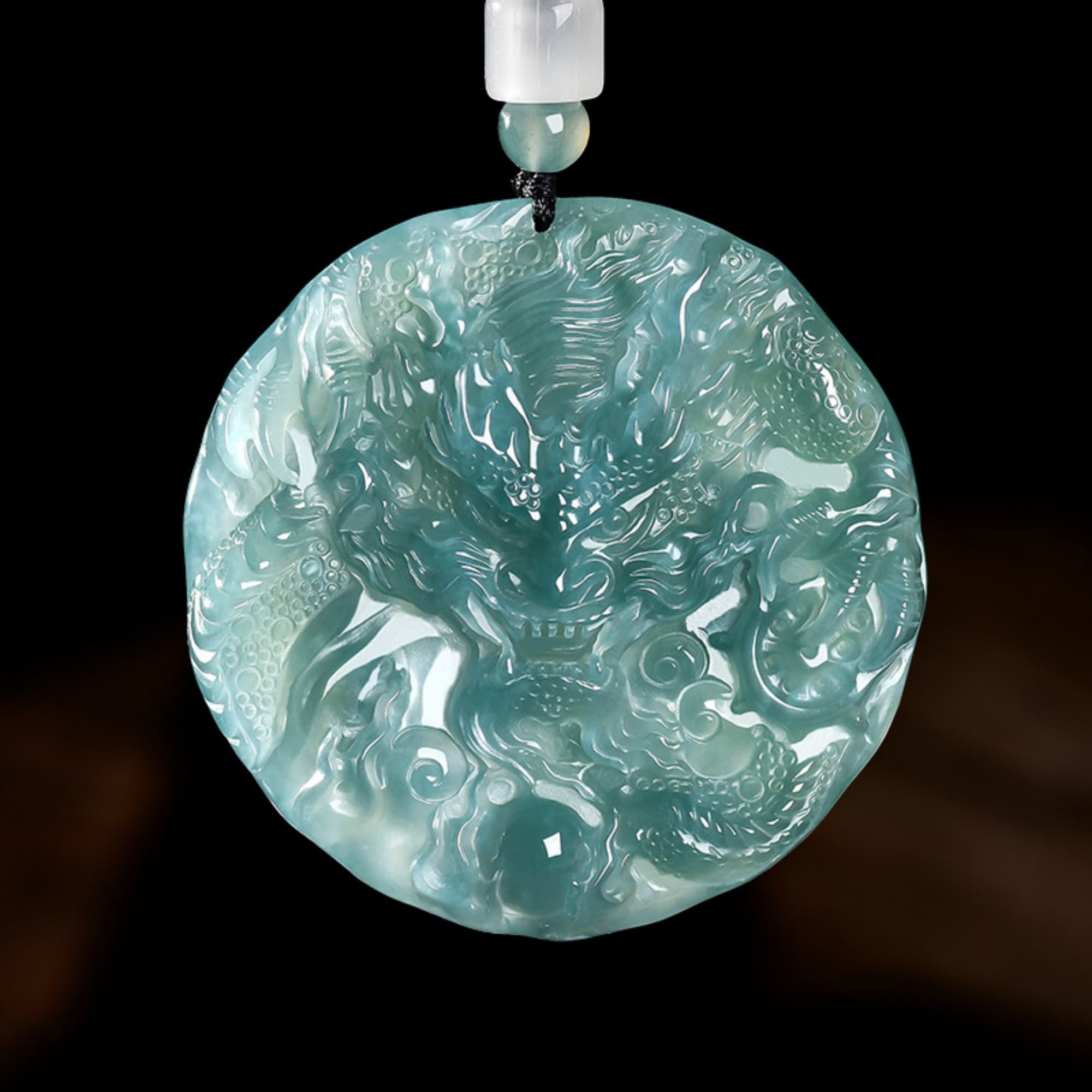 DDP 60.5mm Natural Certificated Type A Untreated Blue Watery Guatemalan Jadeite Round Dragon Amulet Pendant