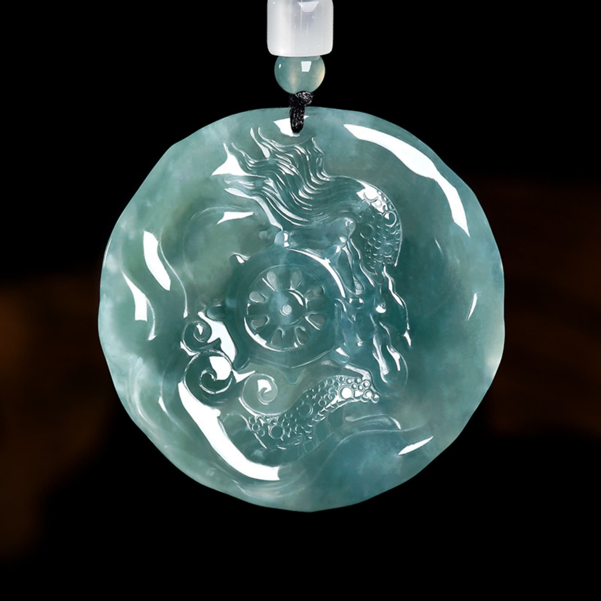 DDP 60.5mm Natural Certificated Type A Untreated Blue Watery Guatemalan Jadeite Round Dragon Amulet Pendant
