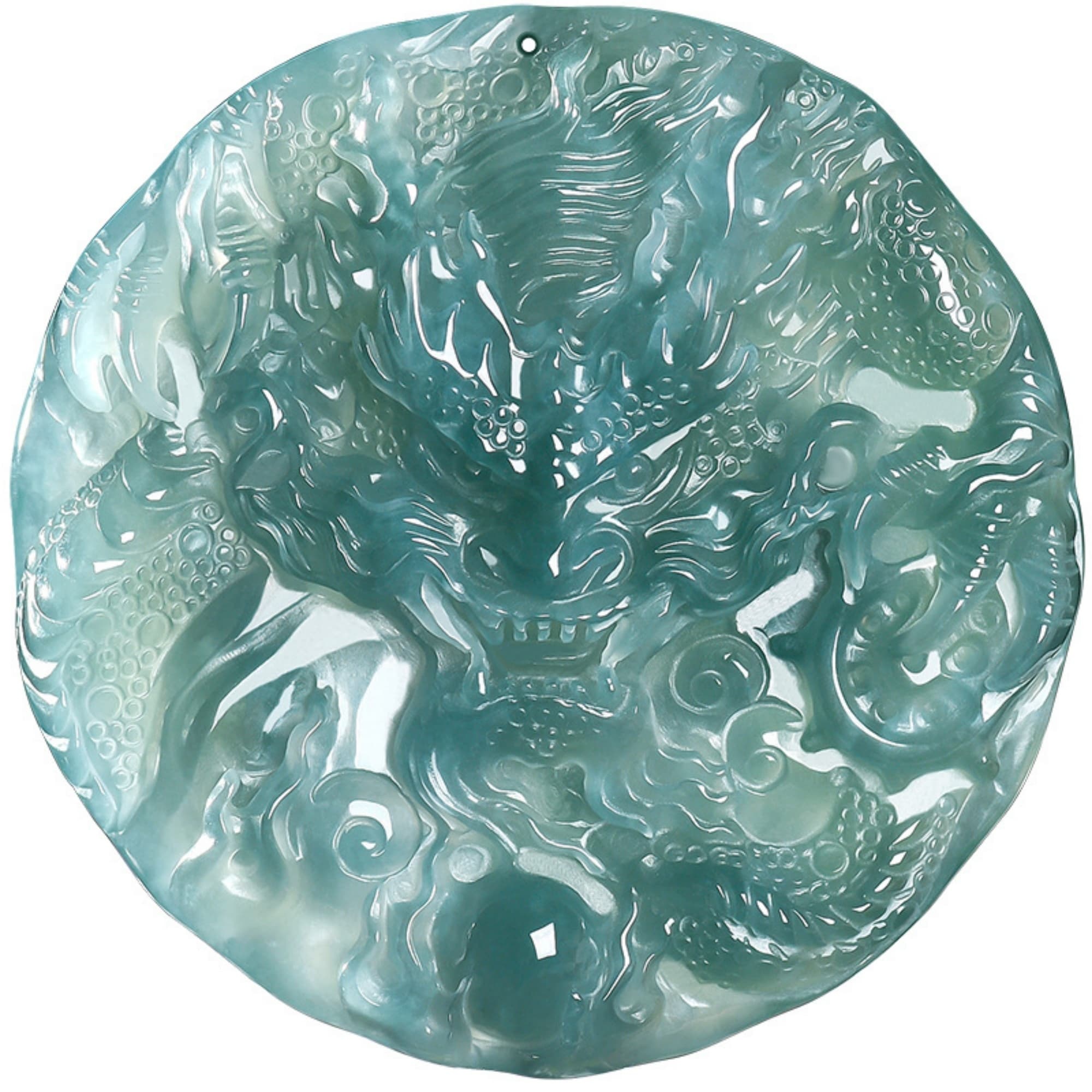 DDP 60.5mm Natural Certificated Type A Untreated Blue Watery Guatemalan Jadeite Round Dragon Amulet Pendant