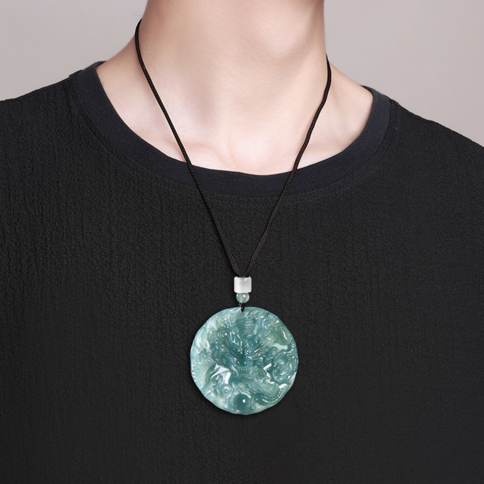 DDP 60.5mm Natural Certificated Type A Untreated Blue Watery Guatemalan Jadeite Round Dragon Amulet Pendant