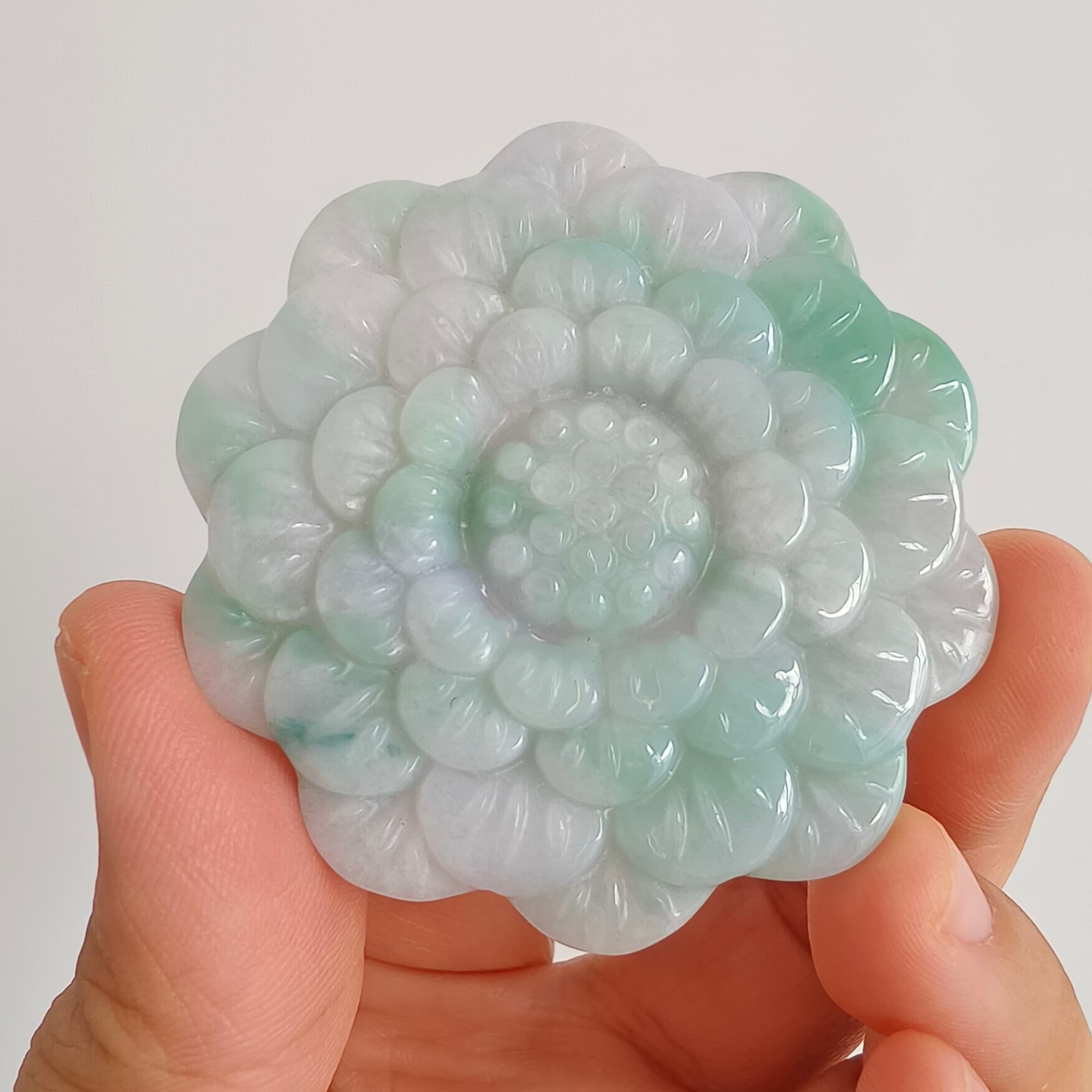 DDP 54.5mm Natural Type A Untreated Light Green Lavender Burmese Jadeite Flower Pendant