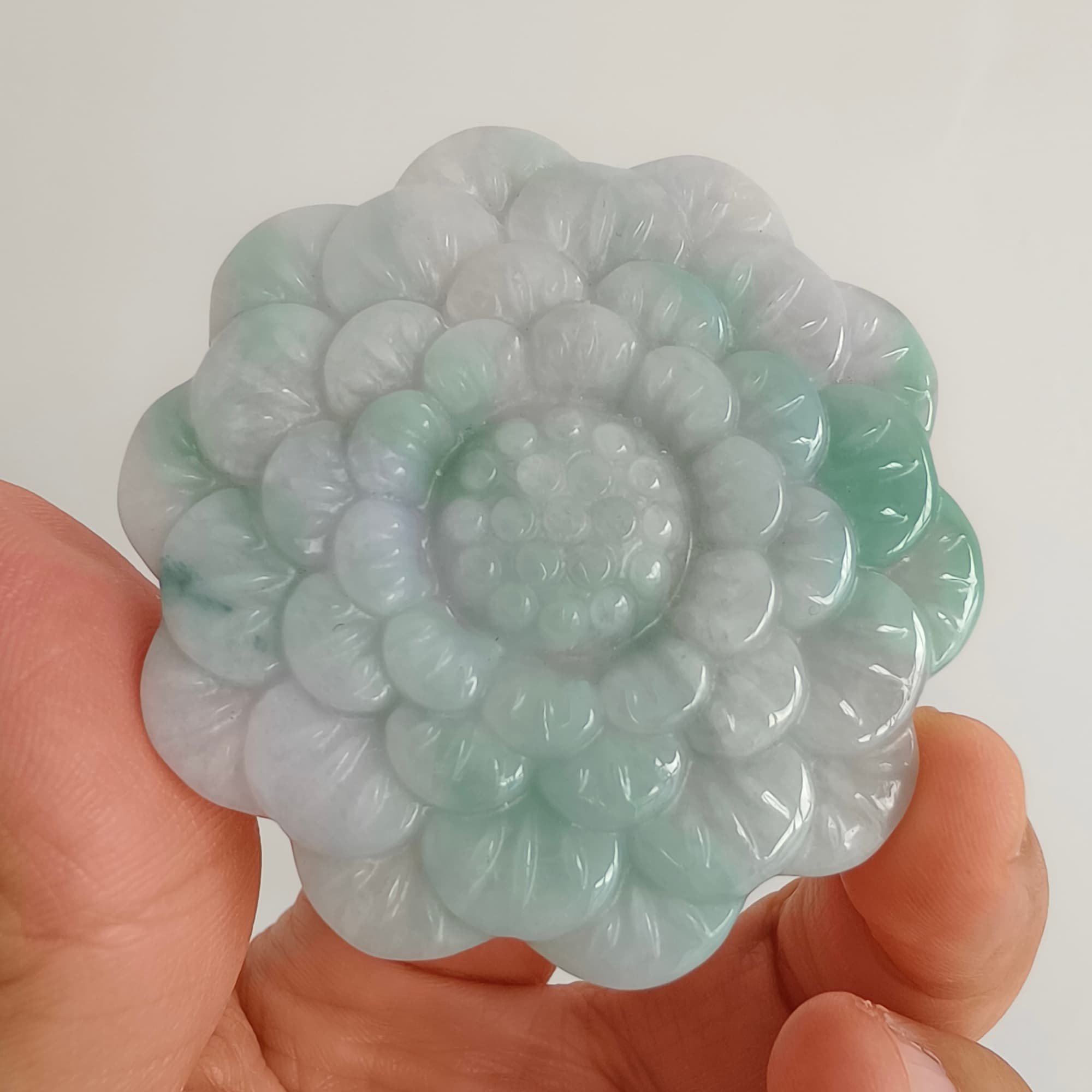 DDP 54.5mm Natural Type A Untreated Light Green Lavender Burmese Jadeite Flower Pendant