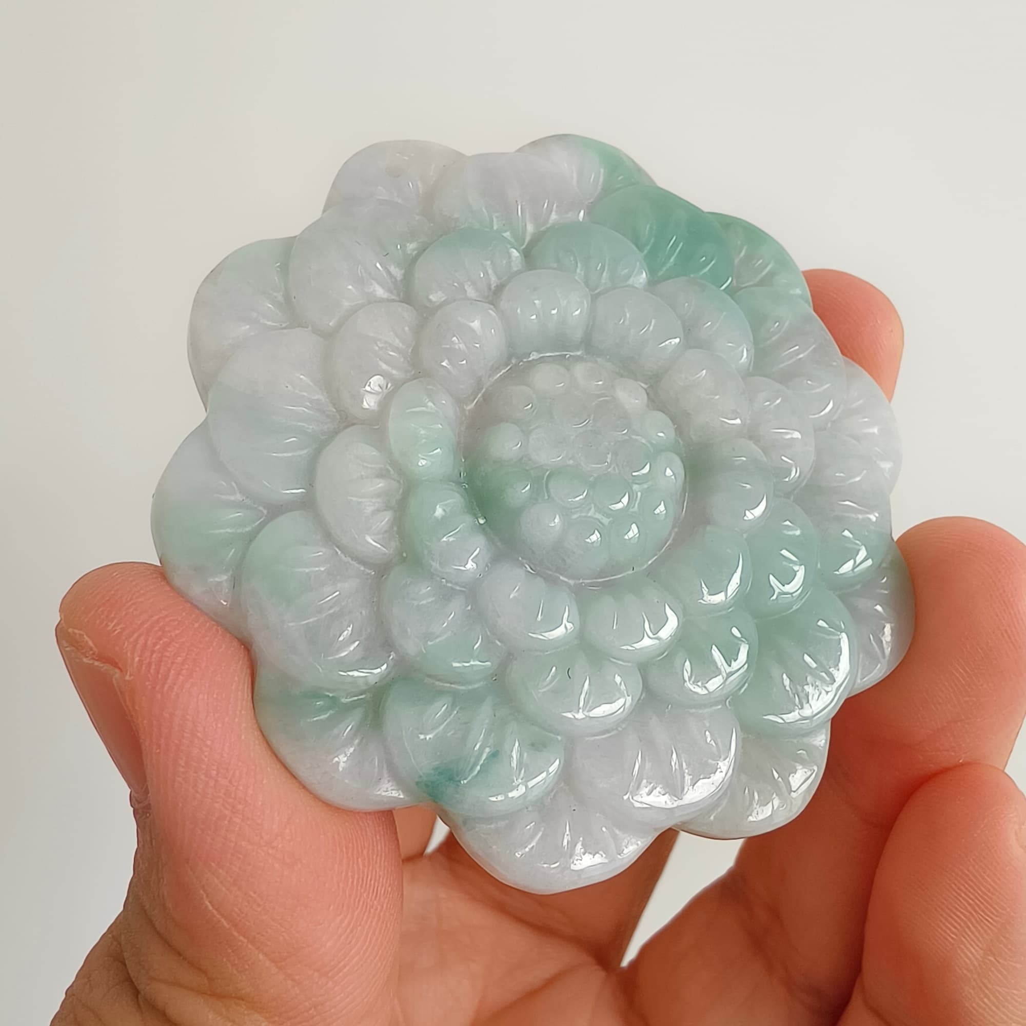 DDP 54.5mm Natural Type A Untreated Light Green Lavender Burmese Jadeite Flower Pendant