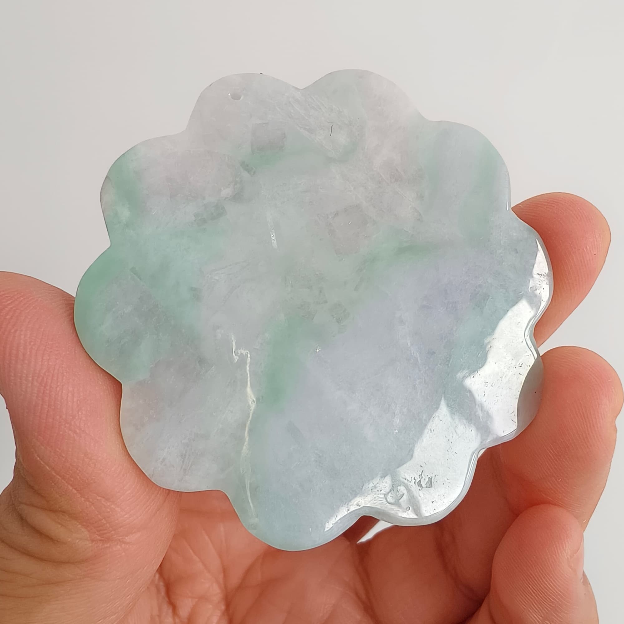 DDP 54.5mm Natural Type A Untreated Light Green Lavender Burmese Jadeite Flower Pendant
