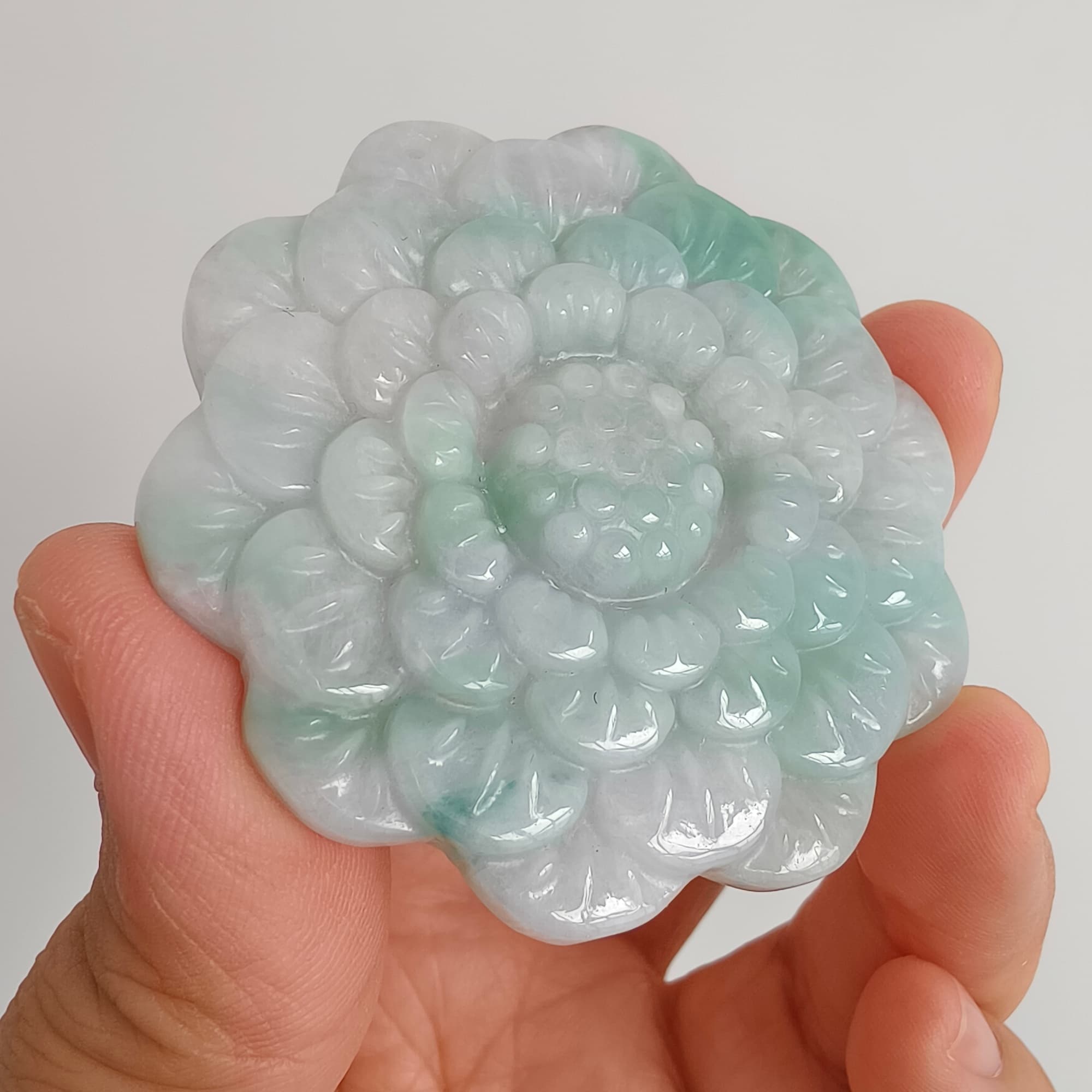 DDP 54.5mm Natural Type A Untreated Light Green Lavender Burmese Jadeite Flower Pendant
