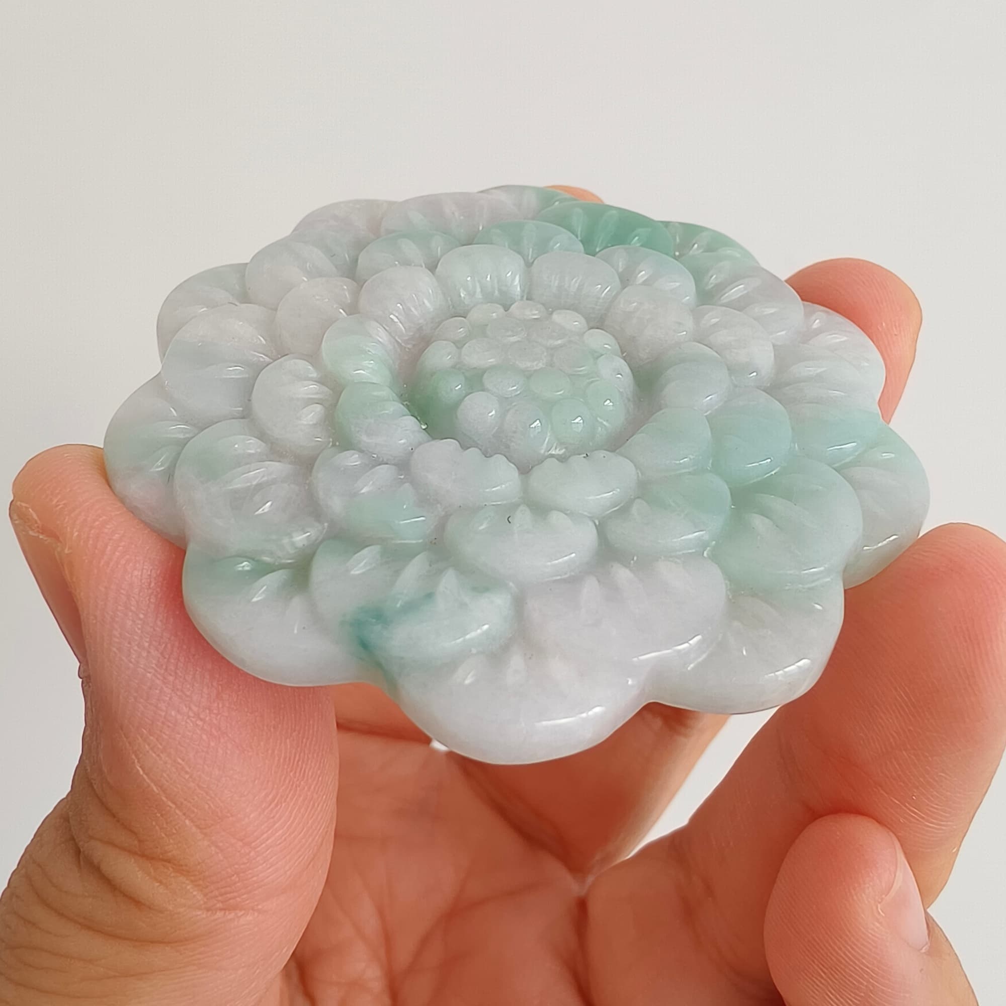 DDP 54.5mm Natural Type A Untreated Light Green Lavender Burmese Jadeite Flower Pendant