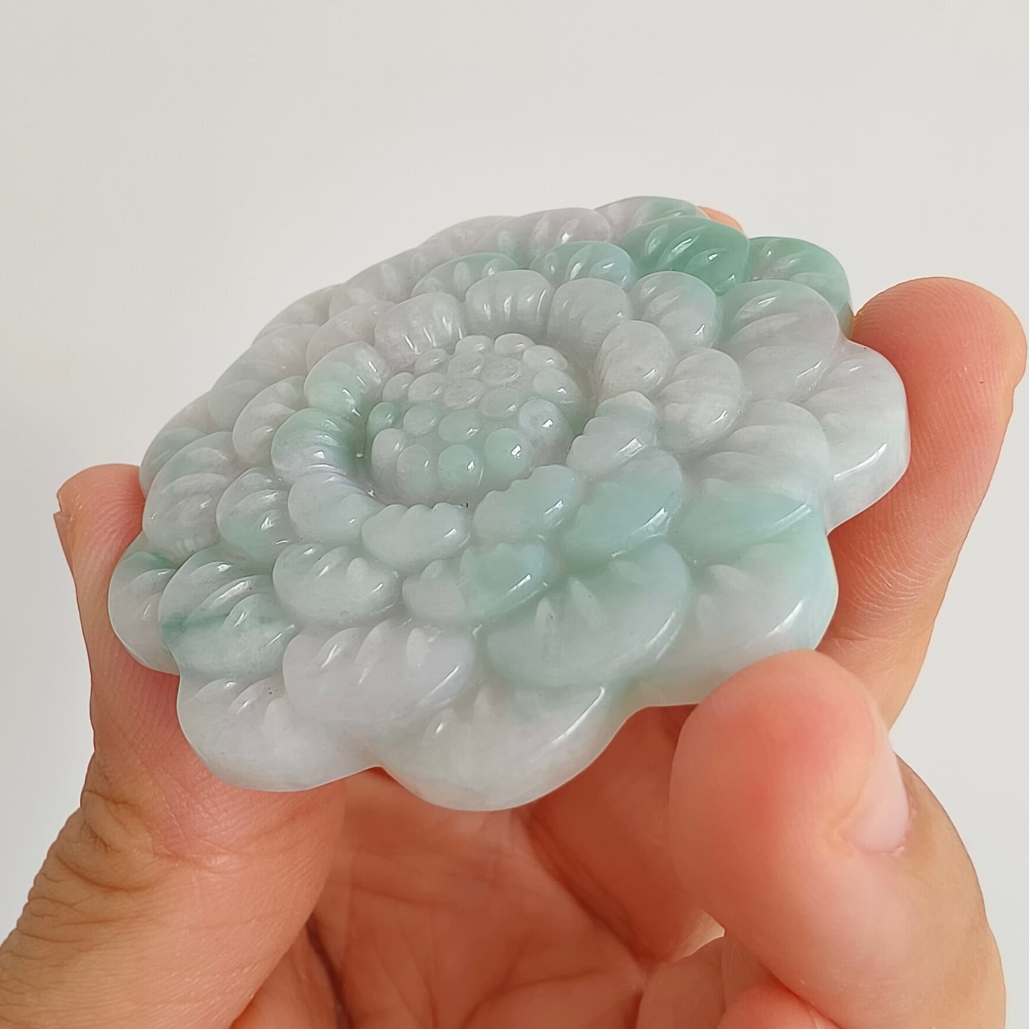 DDP 54.5mm Natural Type A Untreated Light Green Lavender Burmese Jadeite Flower Pendant
