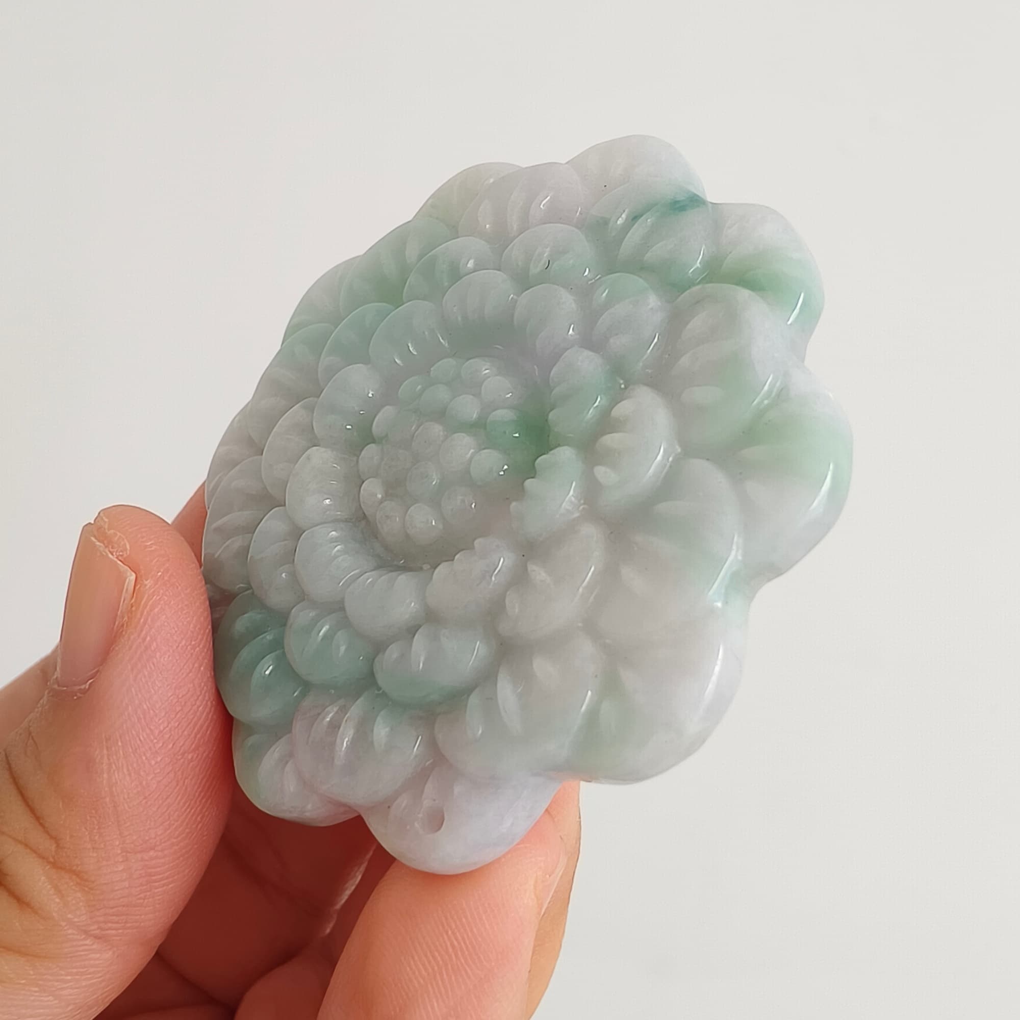 DDP 54.5mm Natural Type A Untreated Light Green Lavender Burmese Jadeite Flower Pendant