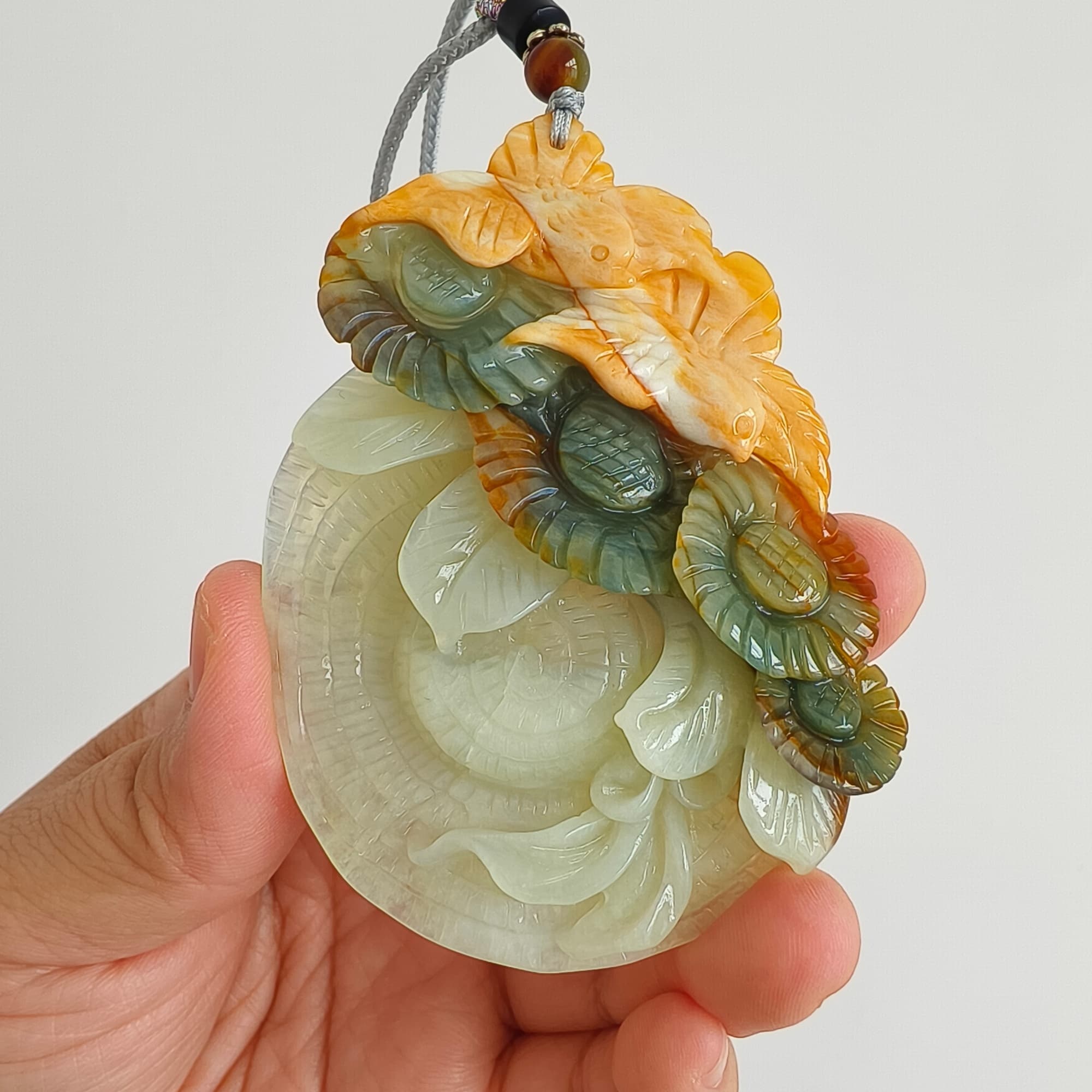 DDP 79mm Unique Certificated Untreated Natural Green Yellow Serpentine Jade Filigree Bird And Flowers Pendant