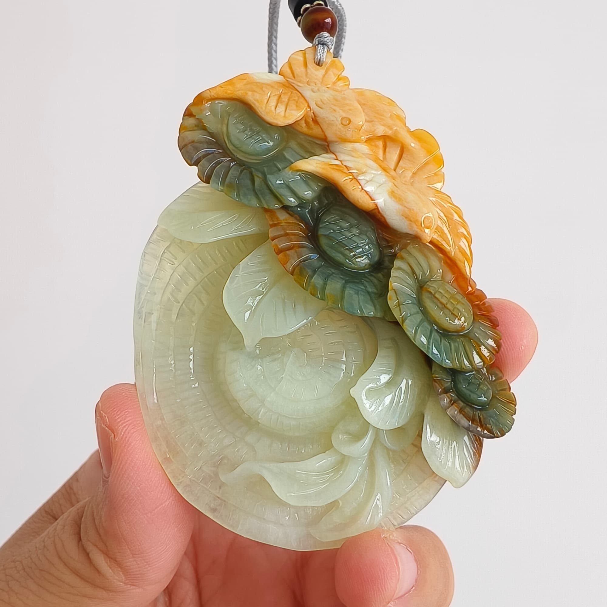 DDP 79mm Unique Certificated Untreated Natural Green Yellow Serpentine Jade Filigree Bird And Flowers Pendant