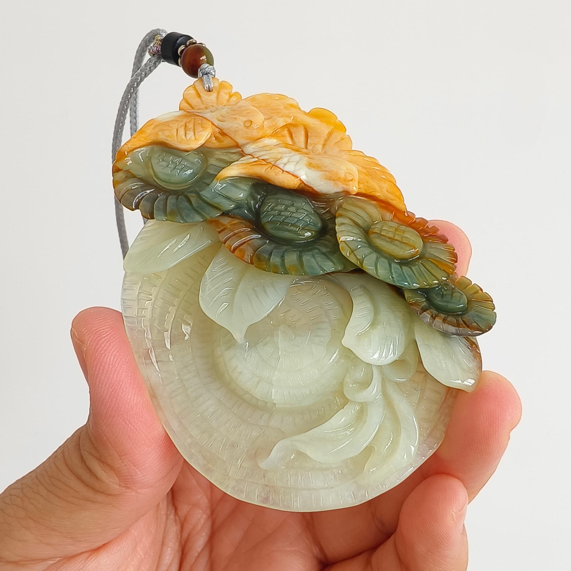 DDP 79mm Unique Certificated Untreated Natural Green Yellow Serpentine Jade Filigree Bird And Flowers Pendant