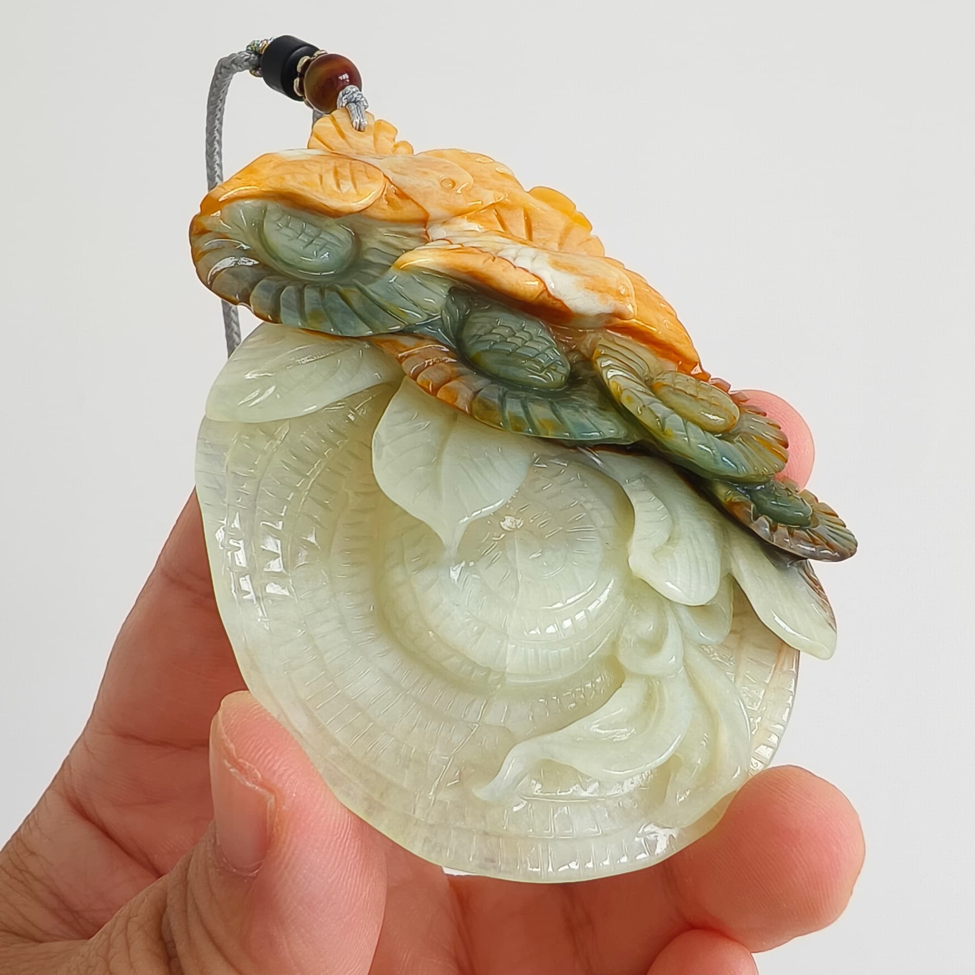 DDP 79mm Unique Certificated Untreated Natural Green Yellow Serpentine Jade Filigree Bird And Flowers Pendant