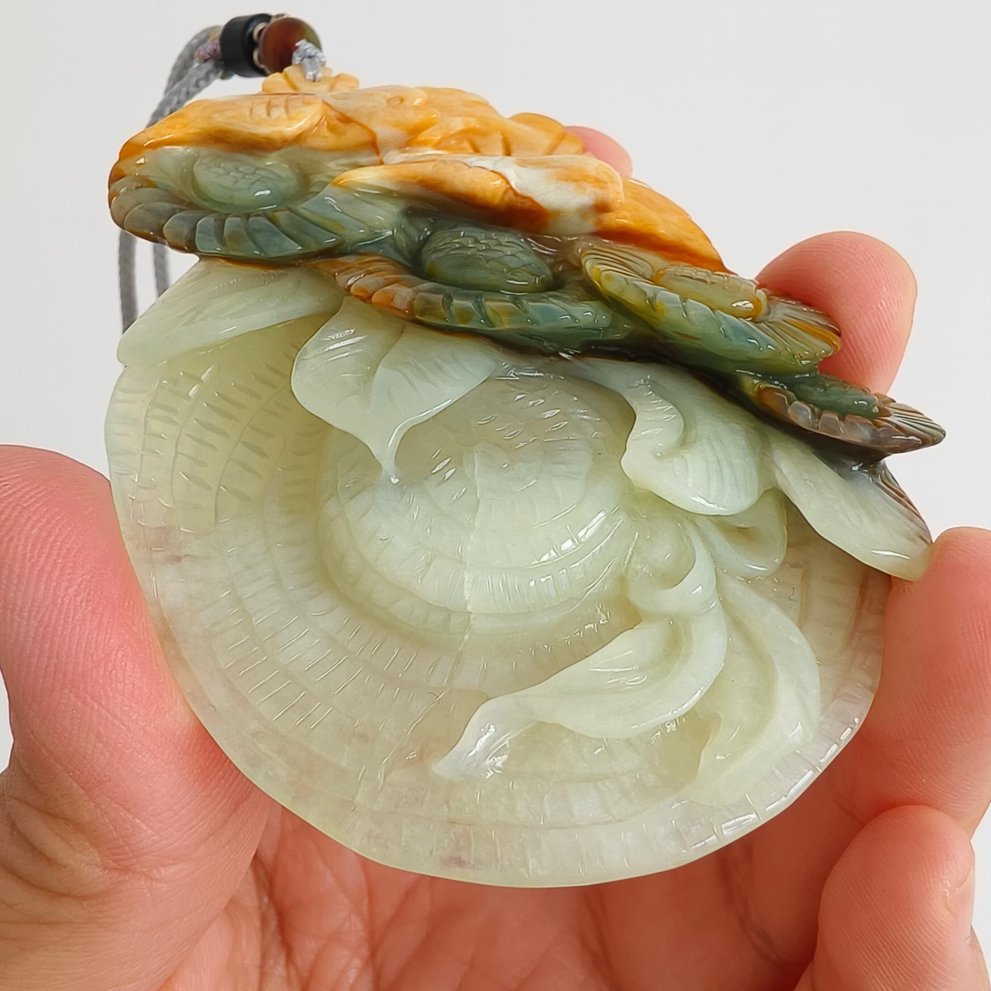 DDP 79mm Unique Certificated Untreated Natural Green Yellow Serpentine Jade Filigree Bird And Flowers Pendant