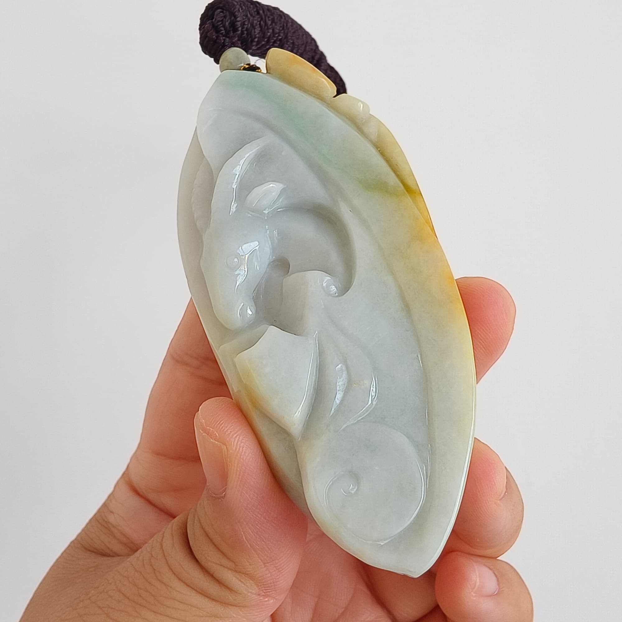 DDP 88mm Natural Certificated Yellow White Burmese Jadeite Irregular Pendant With Sheep Carved