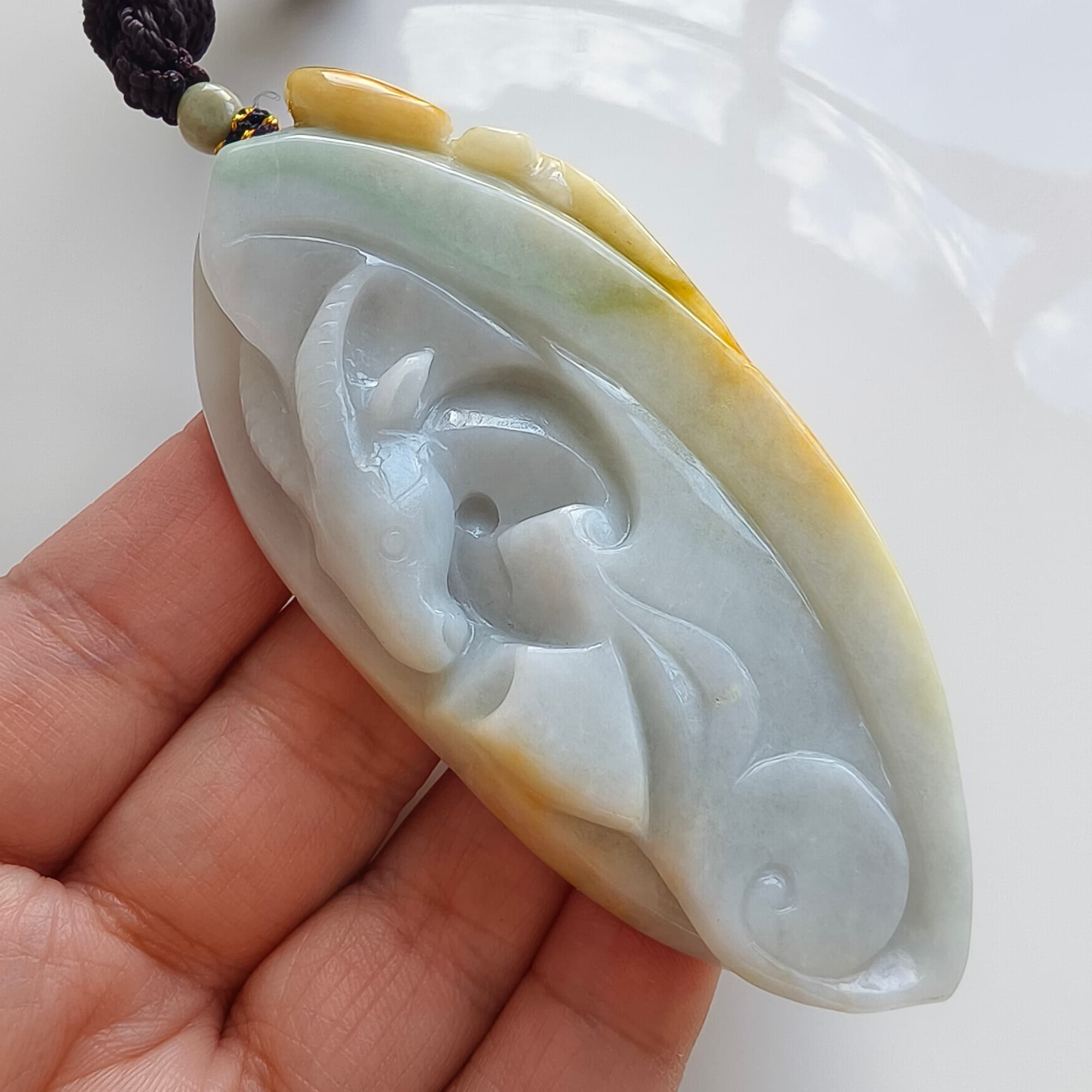 DDP 88mm Natural Certificated Yellow White Burmese Jadeite Irregular Pendant With Sheep Carved