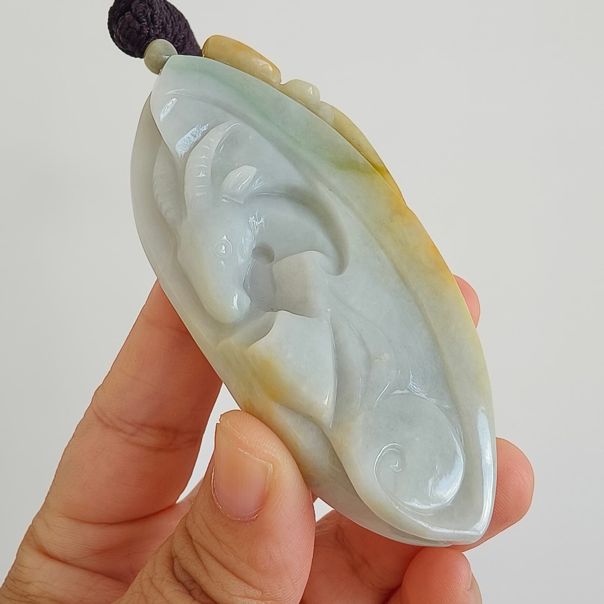 DDP 88mm Natural Certificated Yellow White Burmese Jadeite Irregular Pendant With Sheep Carved