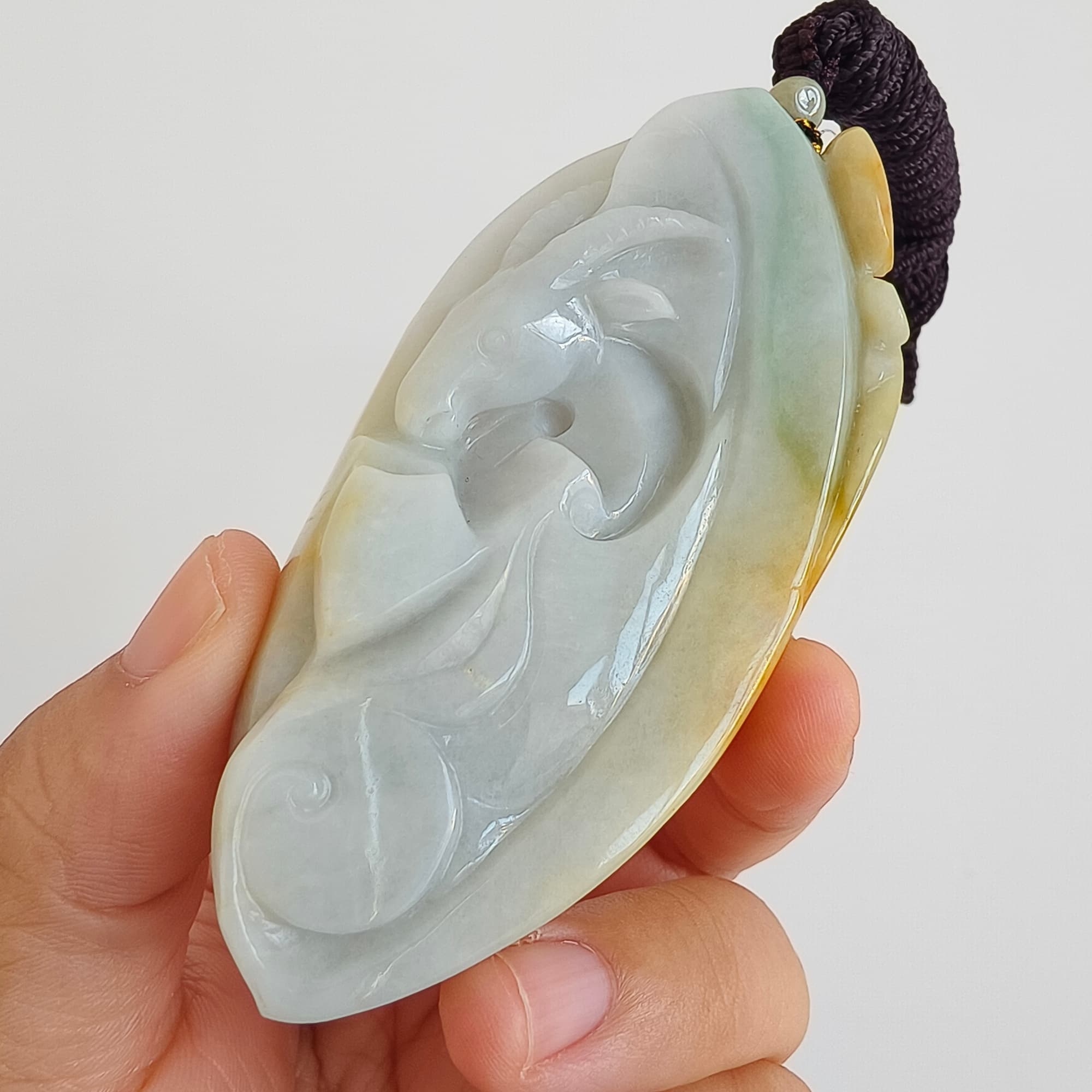 DDP 88mm Natural Certificated Yellow White Burmese Jadeite Irregular Pendant With Sheep Carved