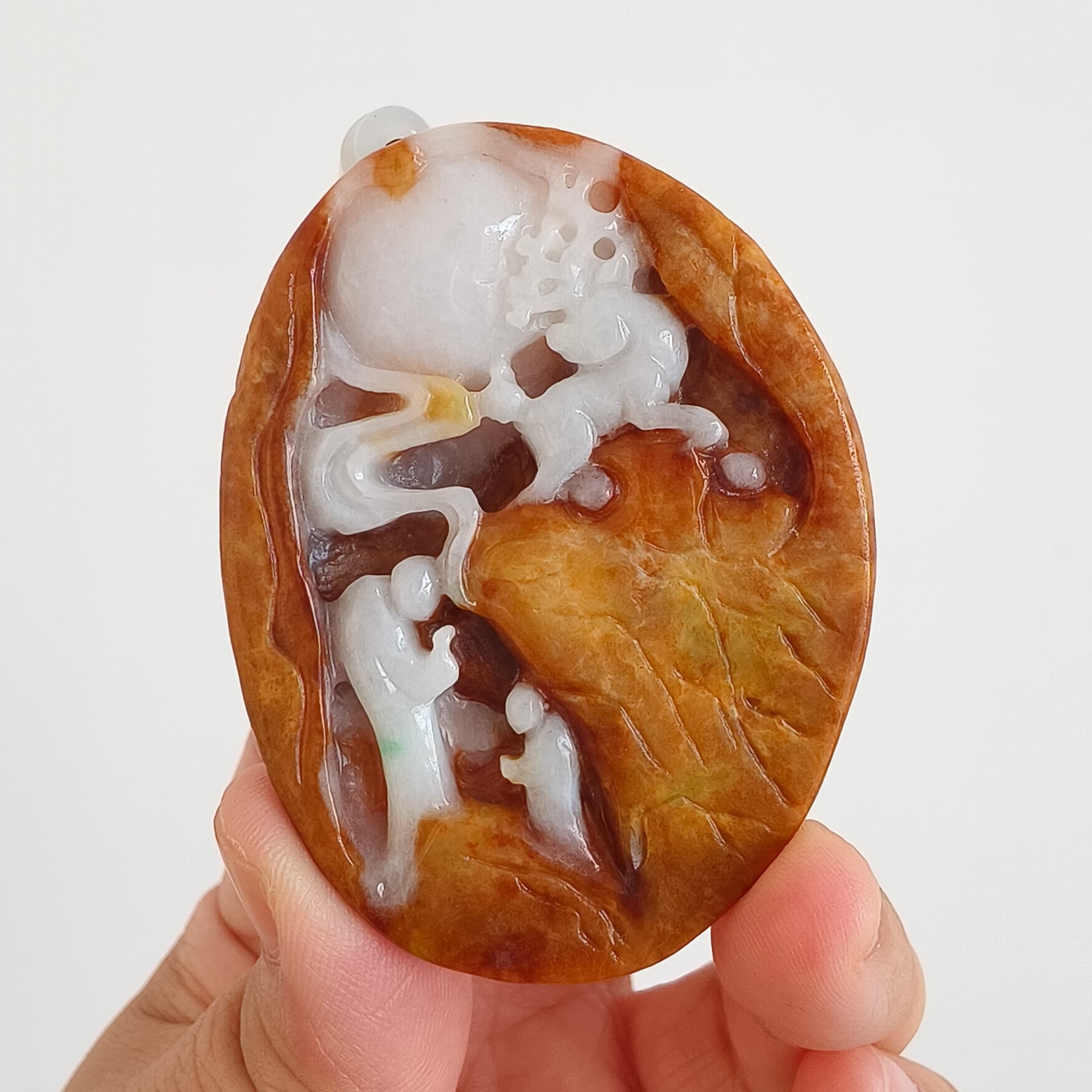 DDP 61mm Natural Certificated Yellow White Burmese Jadeite Oval Pendant With 悟道 And Deer Carved