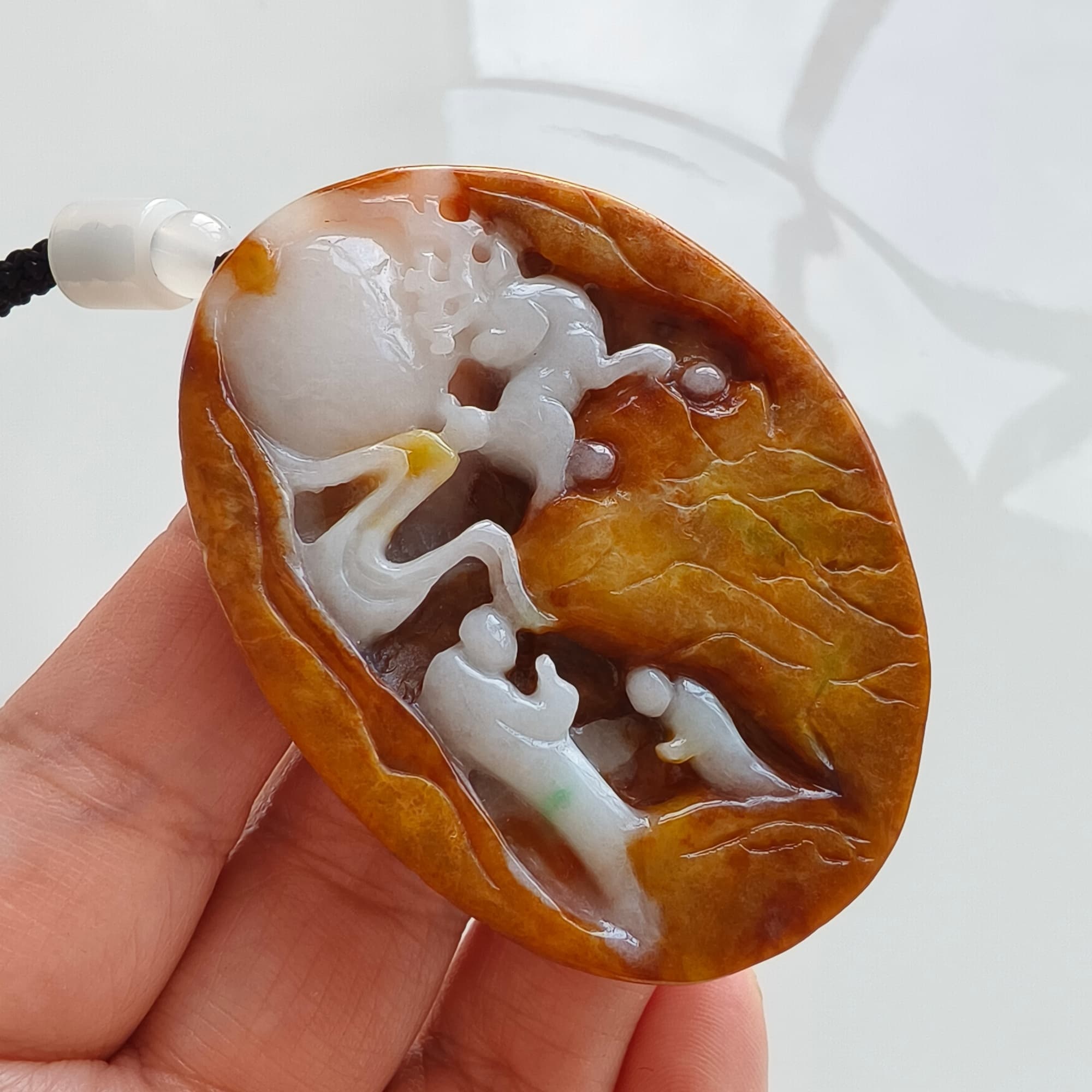 DDP 61mm Natural Certificated Yellow White Burmese Jadeite Oval Pendant With 悟道 And Deer Carved