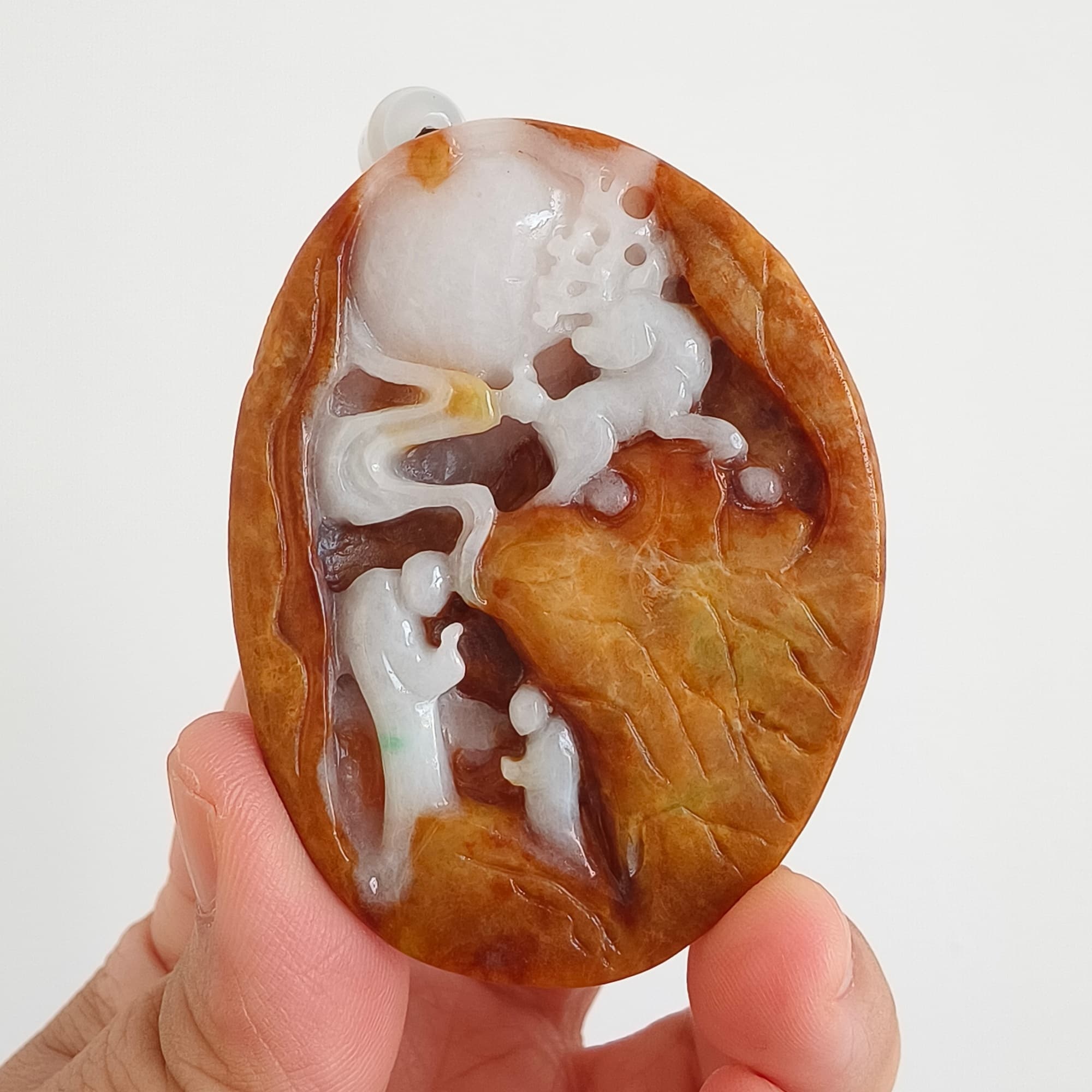 DDP 61mm Natural Certificated Yellow White Burmese Jadeite Oval Pendant With 悟道 And Deer Carved