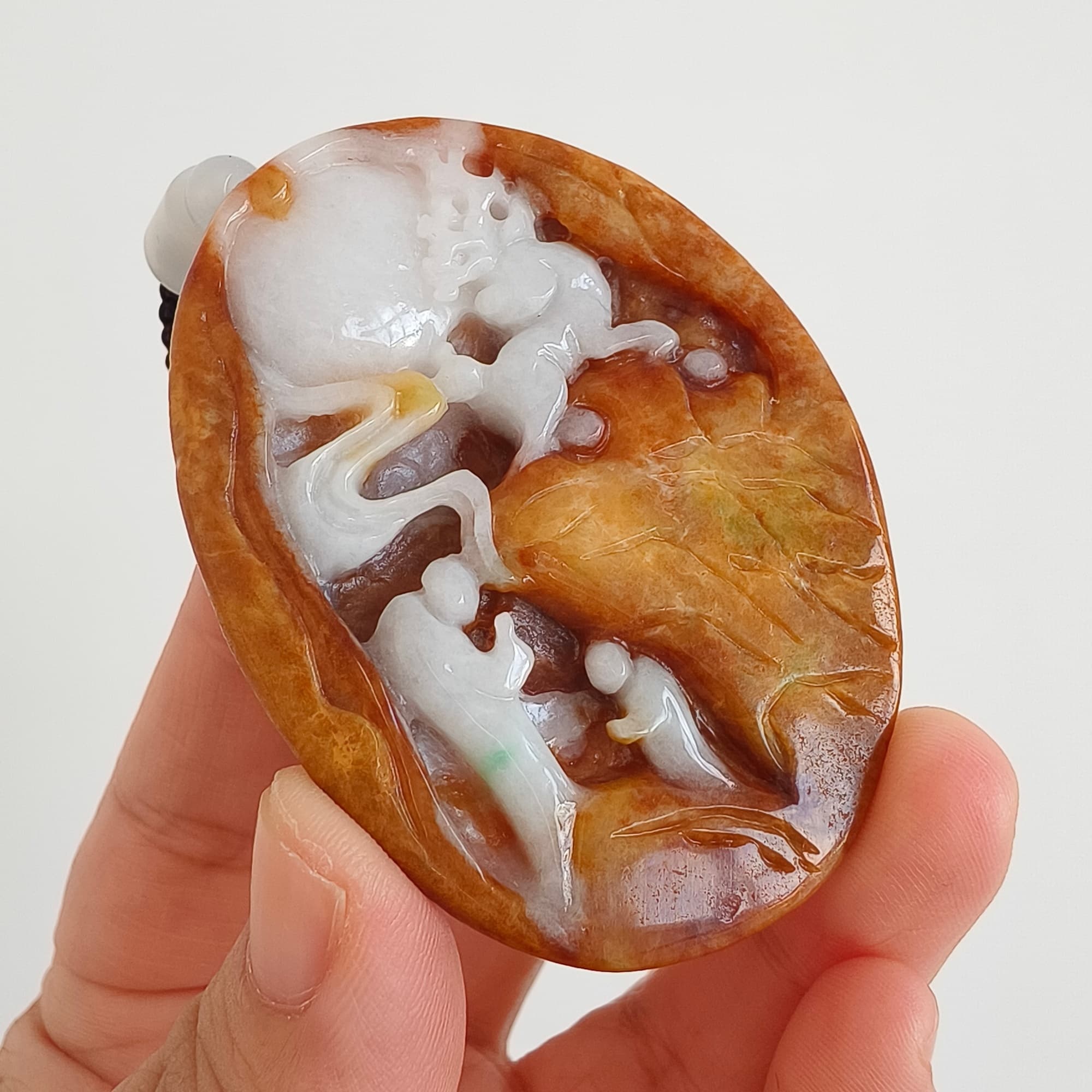 DDP 61mm Natural Certificated Yellow White Burmese Jadeite Oval Pendant With 悟道 And Deer Carved