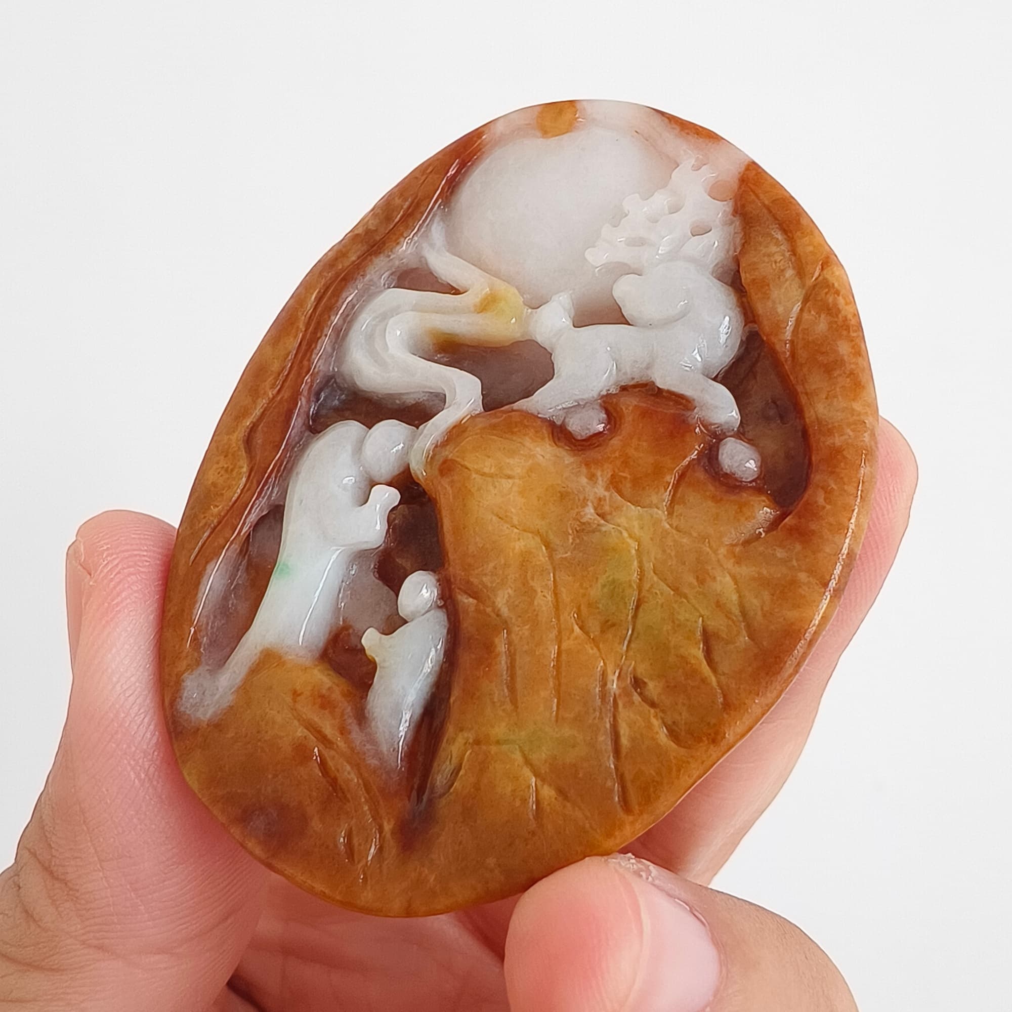 DDP 61mm Natural Certificated Yellow White Burmese Jadeite Oval Pendant With 悟道 And Deer Carved