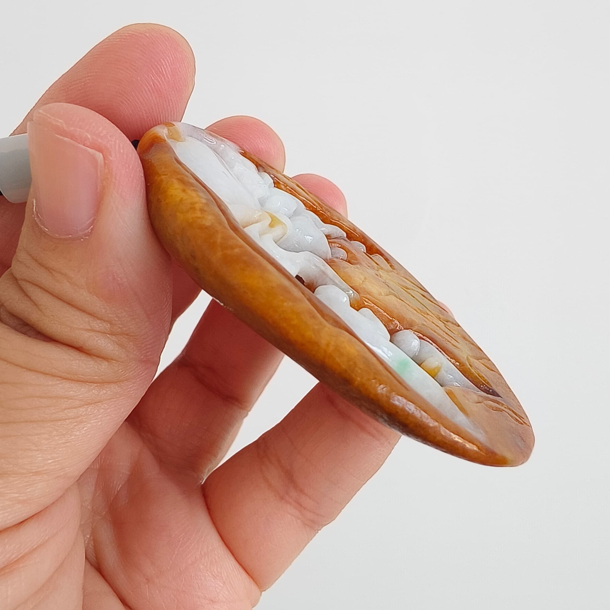 DDP 61mm Natural Certificated Yellow White Burmese Jadeite Oval Pendant With 悟道 And Deer Carved