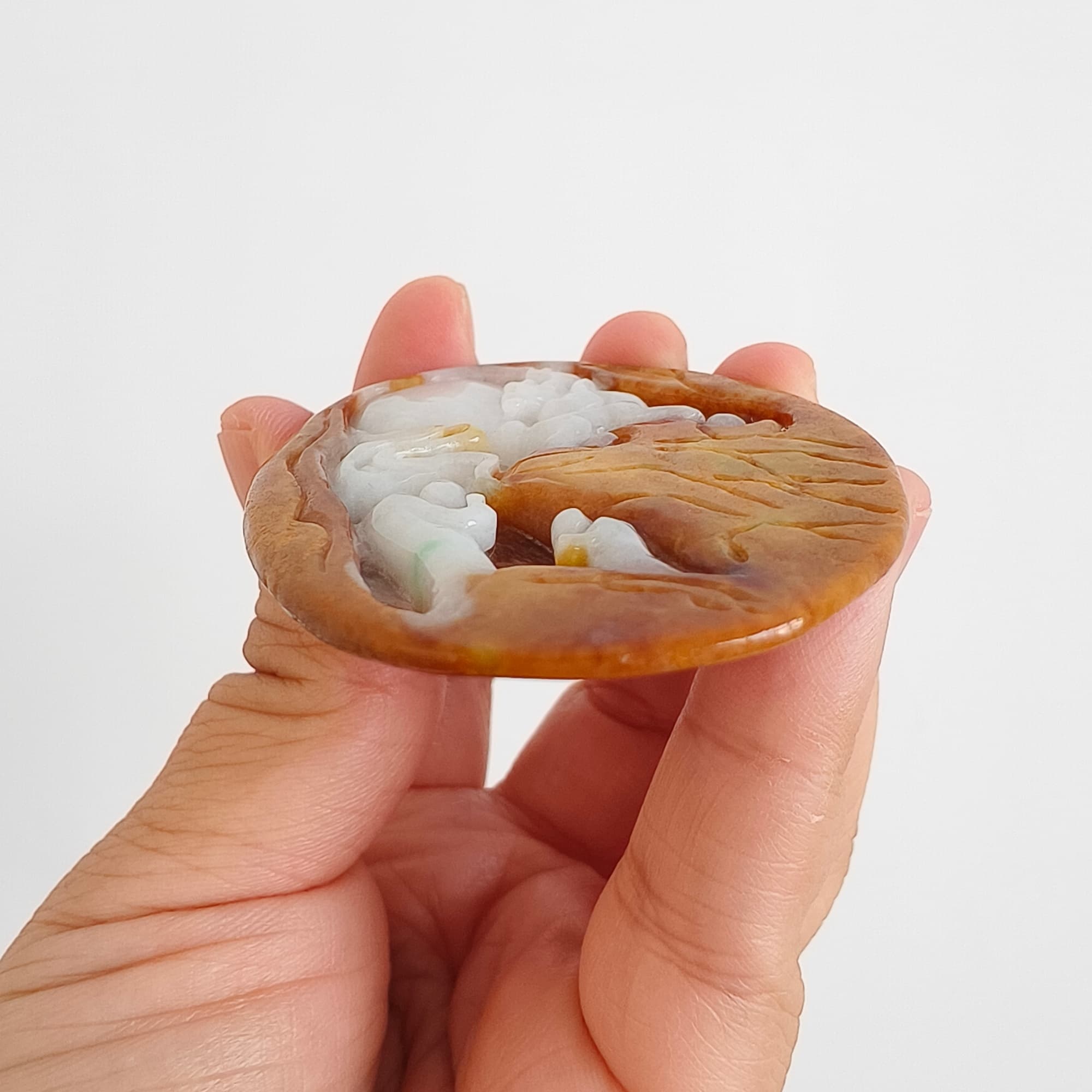 DDP 61mm Natural Certificated Yellow White Burmese Jadeite Oval Pendant With 悟道 And Deer Carved