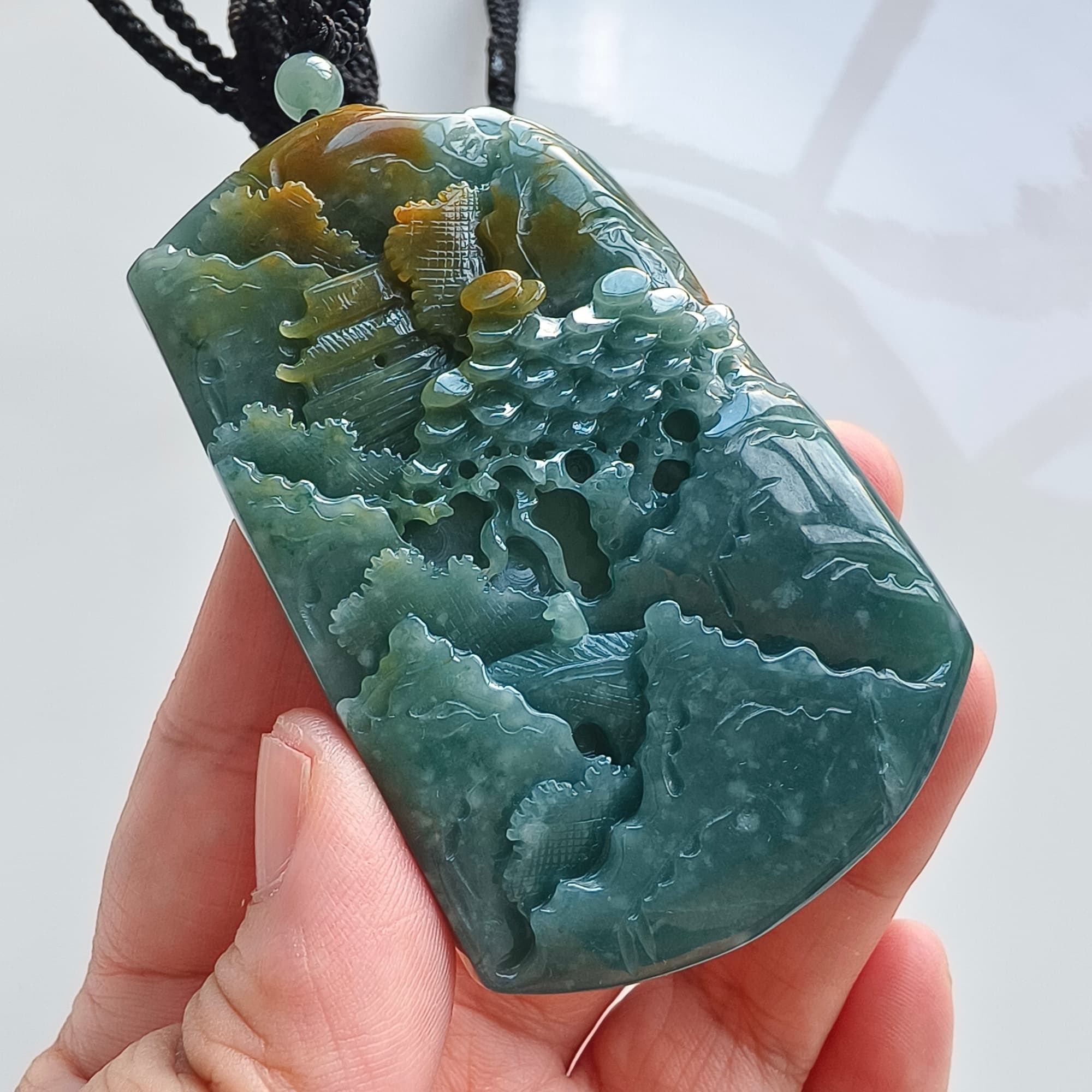 DDP 74.5mm Natural Certificated Icy Blue Yellow Guatemalan Jadeite Rectangle Pendant With Landscape Carved