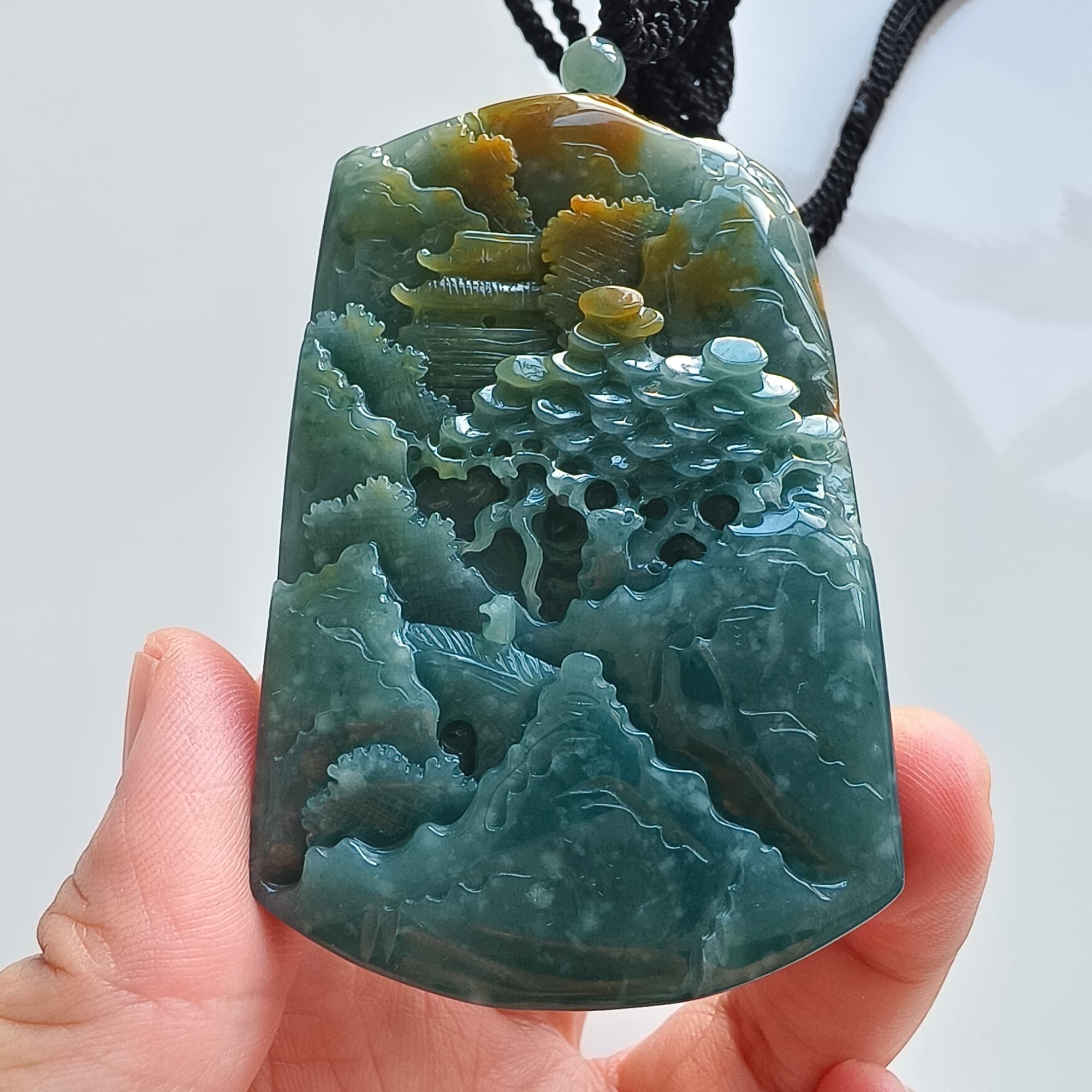 DDP 74.5mm Natural Certificated Icy Blue Yellow Guatemalan Jadeite Rectangle Pendant With Landscape Carved