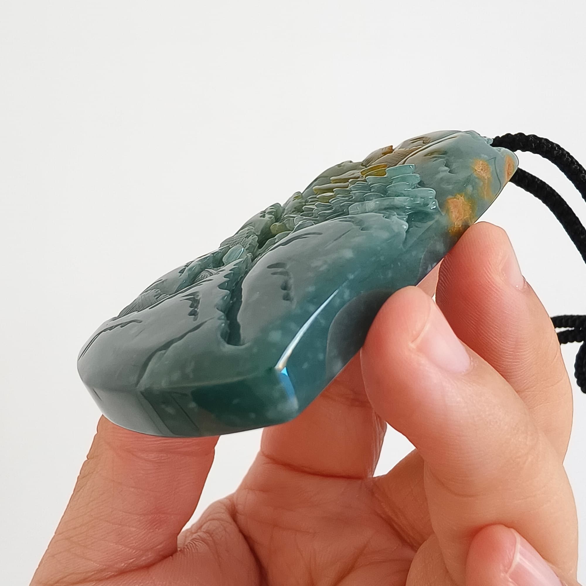 DDP 74.5mm Natural Certificated Icy Blue Yellow Guatemalan Jadeite Rectangle Pendant With Landscape Carved