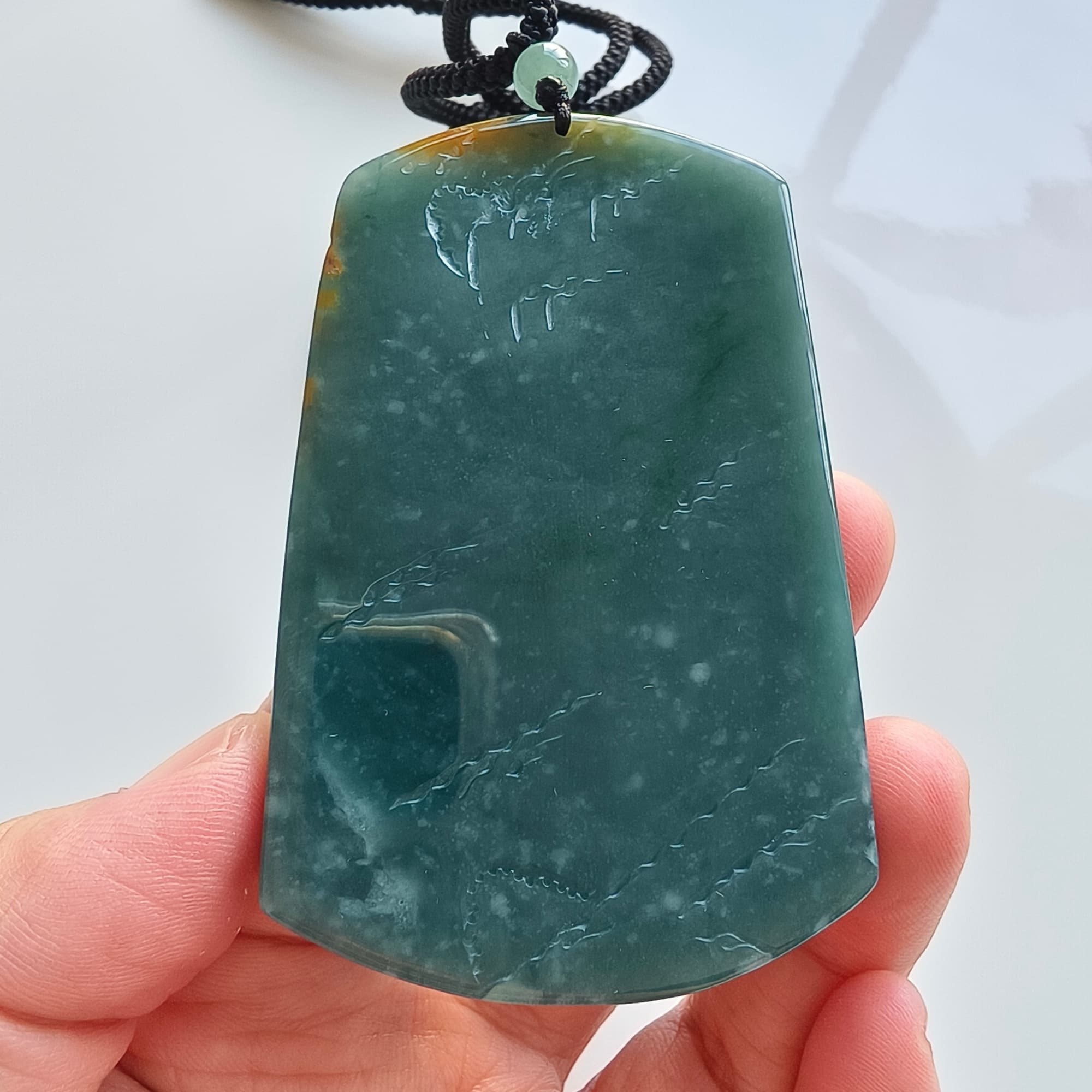 DDP 74.5mm Natural Certificated Icy Blue Yellow Guatemalan Jadeite Rectangle Pendant With Landscape Carved