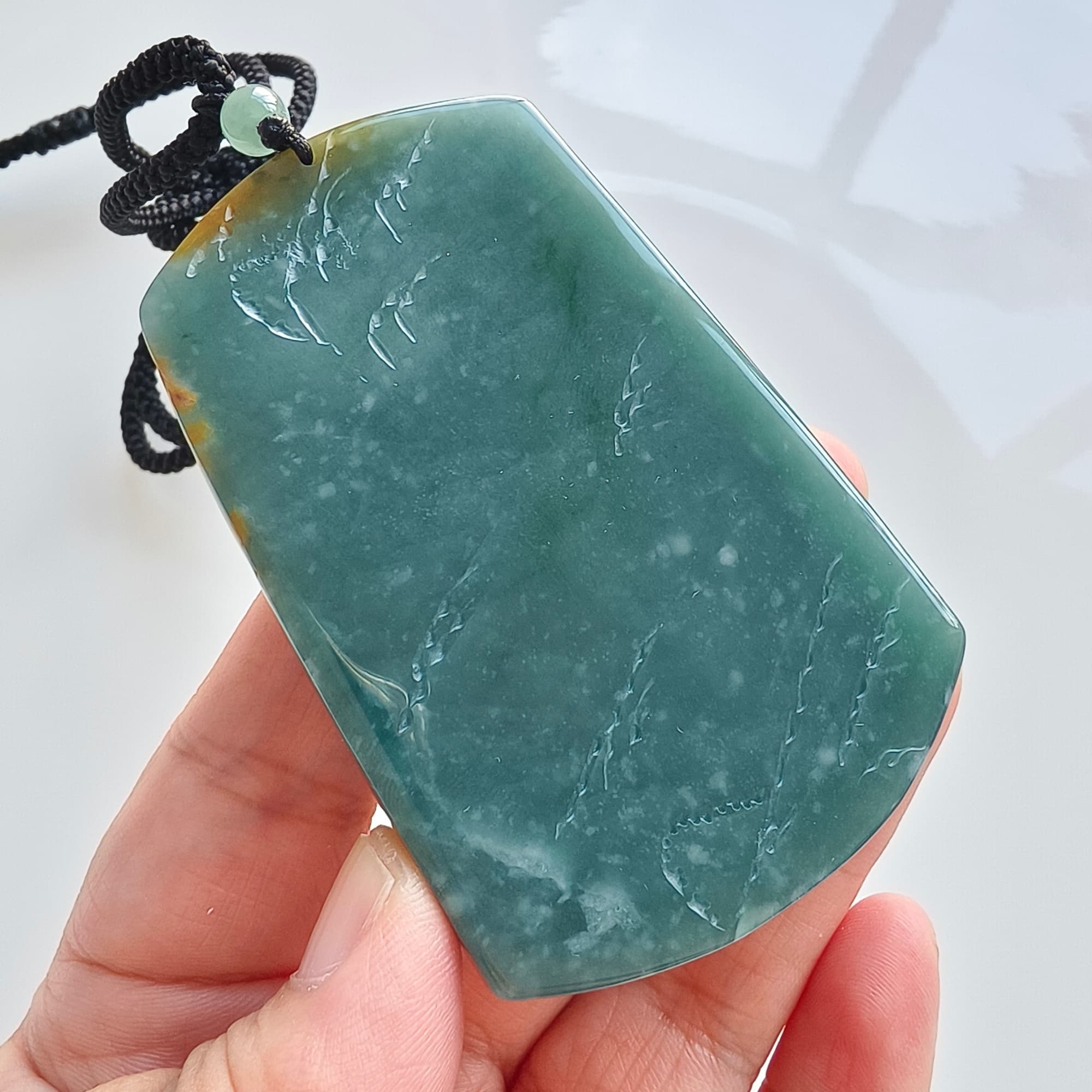 DDP 74.5mm Natural Certificated Icy Blue Yellow Guatemalan Jadeite Rectangle Pendant With Landscape Carved