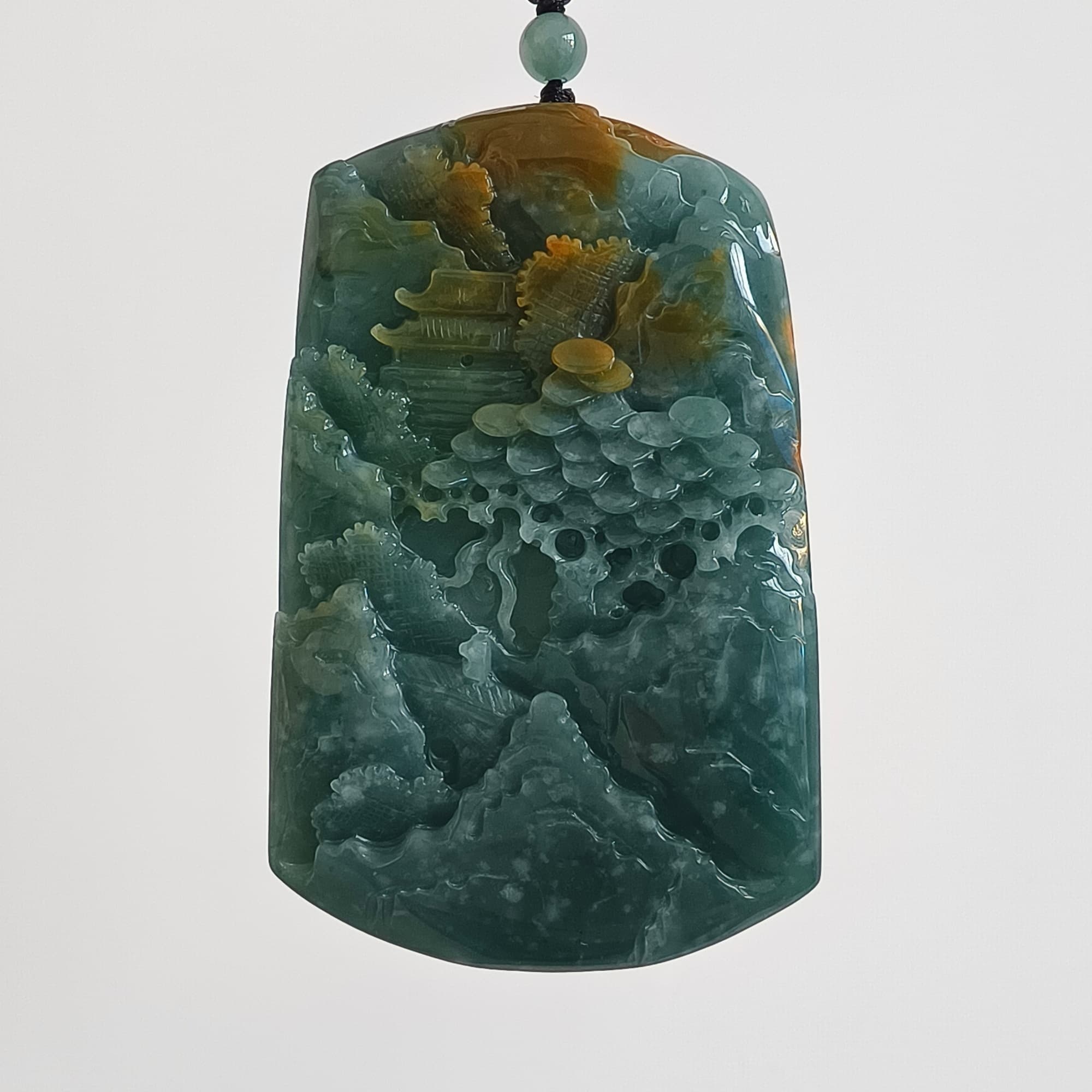 DDP 74.5mm Natural Certificated Icy Blue Yellow Guatemalan Jadeite Rectangle Pendant With Landscape Carved