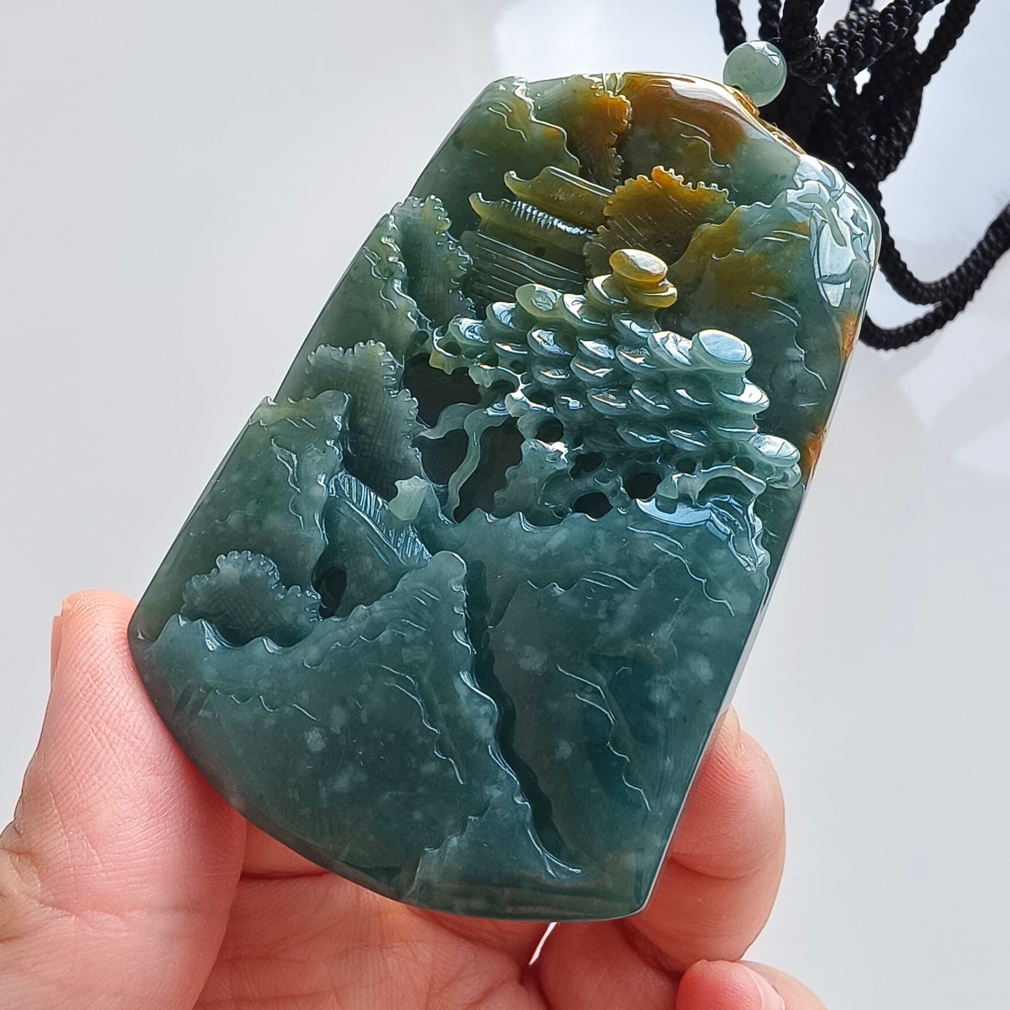 DDP 74.5mm Natural Certificated Icy Blue Yellow Guatemalan Jadeite Rectangle Pendant With Landscape Carved