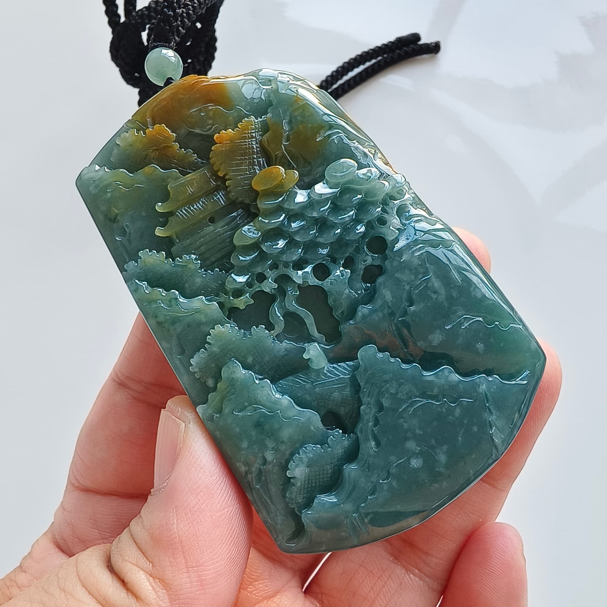 DDP 74.5mm Natural Certificated Icy Blue Yellow Guatemalan Jadeite Rectangle Pendant With Landscape Carved