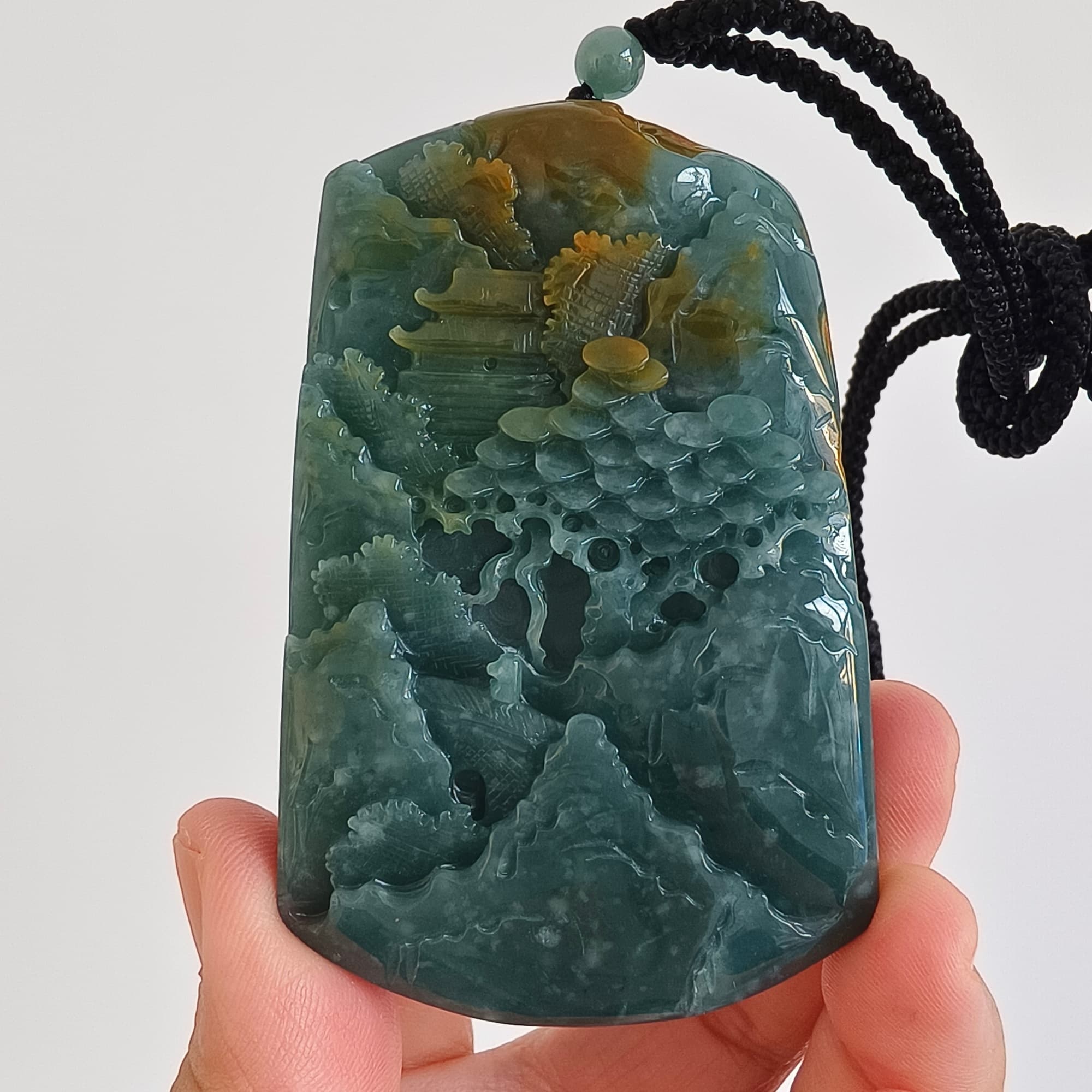 DDP 74.5mm Natural Certificated Icy Blue Yellow Guatemalan Jadeite Rectangle Pendant With Landscape Carved