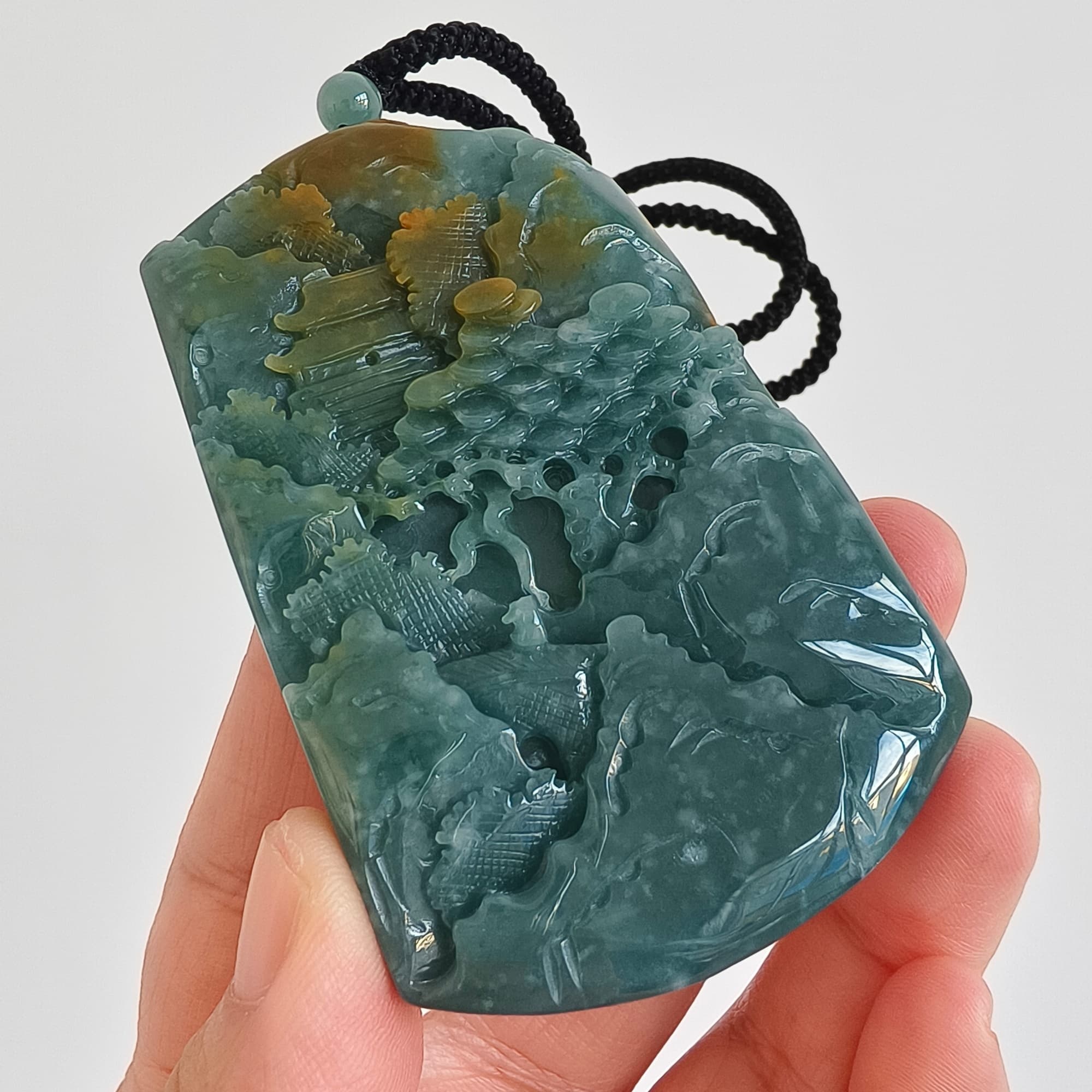 DDP 74.5mm Natural Certificated Icy Blue Yellow Guatemalan Jadeite Rectangle Pendant With Landscape Carved