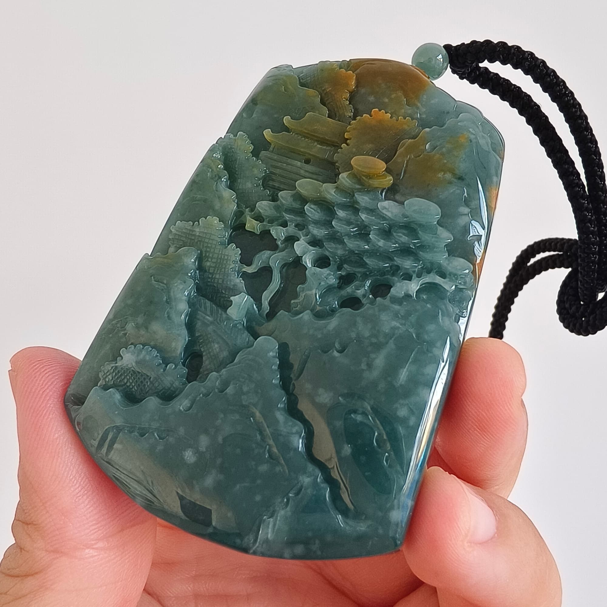DDP 74.5mm Natural Certificated Icy Blue Yellow Guatemalan Jadeite Rectangle Pendant With Landscape Carved