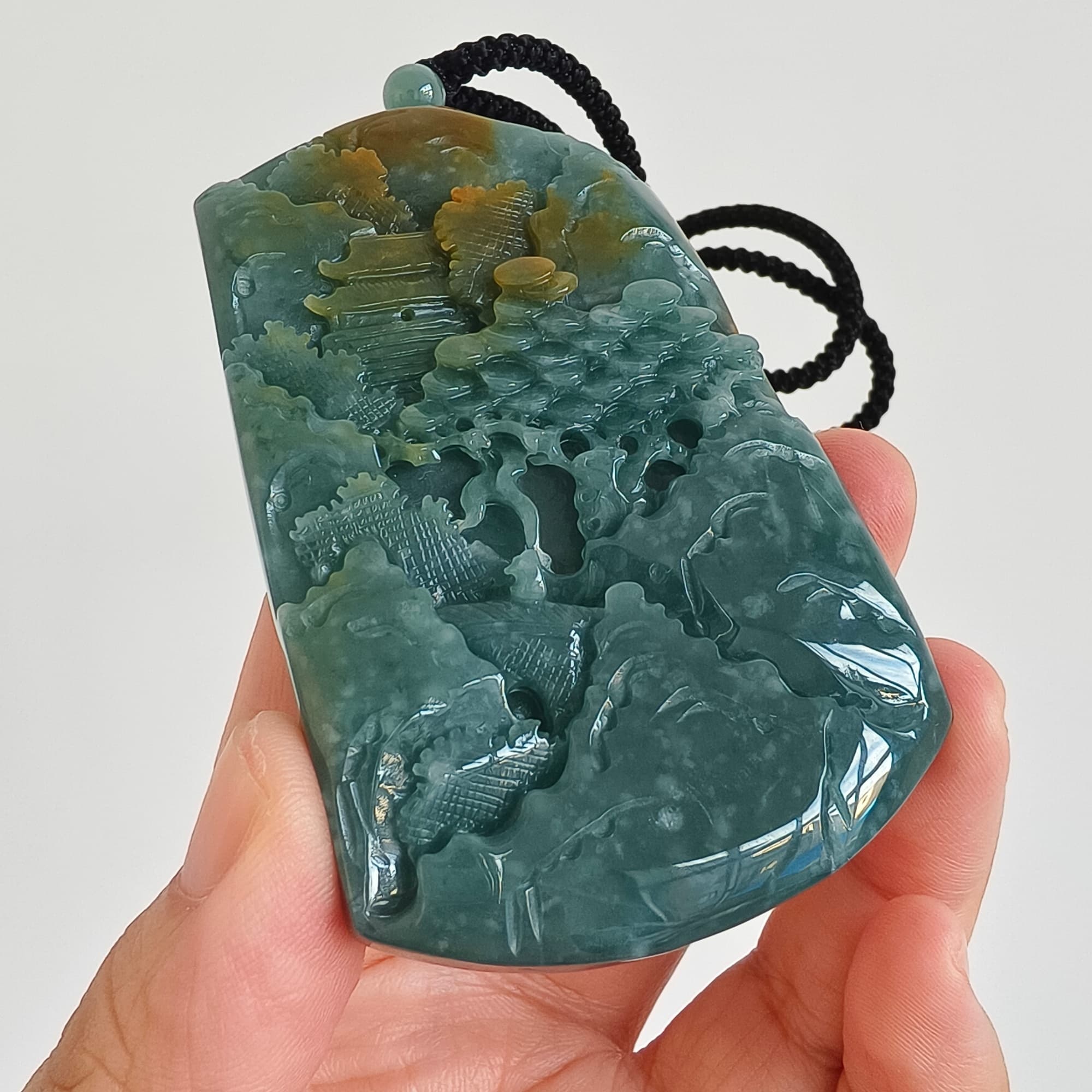DDP 74.5mm Natural Certificated Icy Blue Yellow Guatemalan Jadeite Rectangle Pendant With Landscape Carved