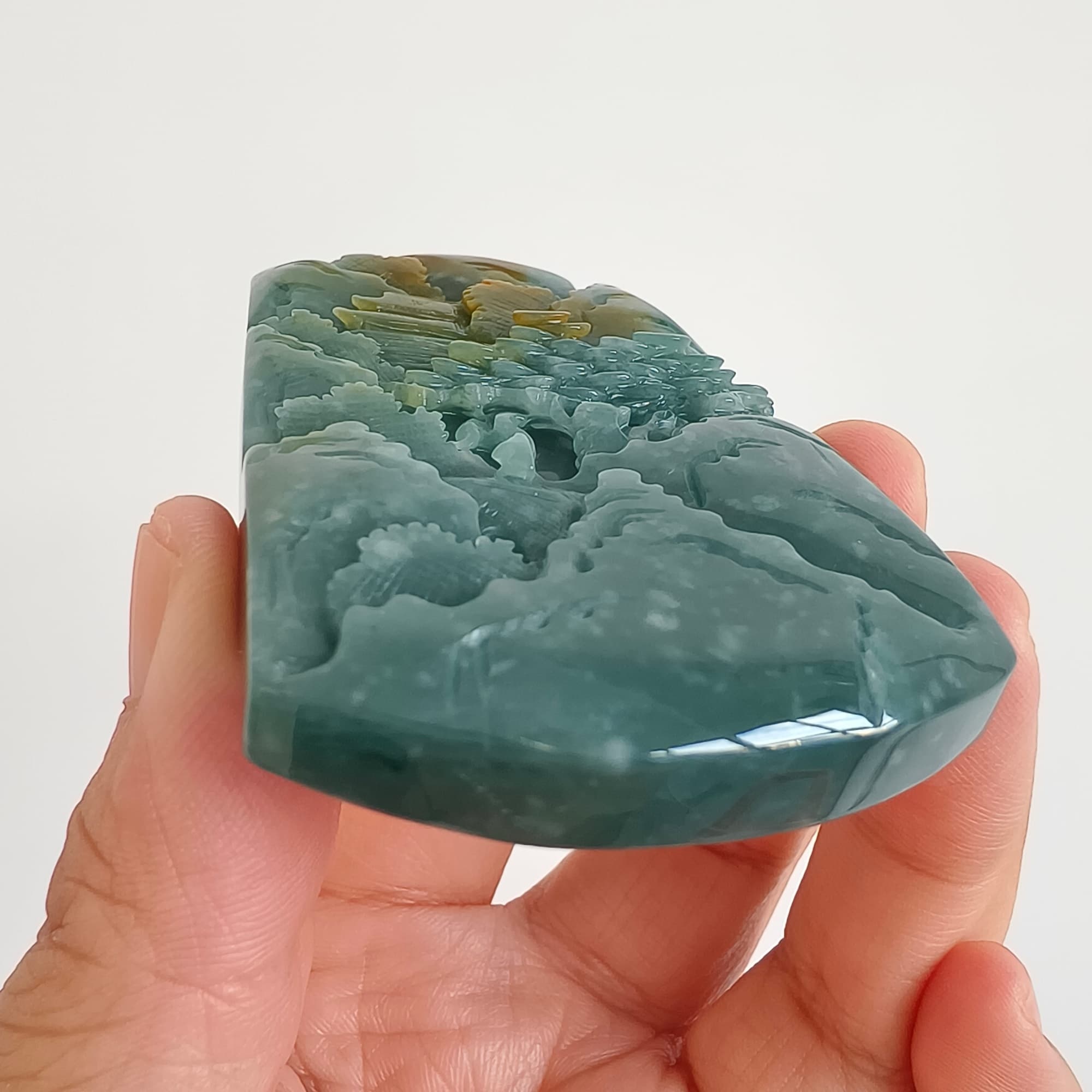 DDP 74.5mm Natural Certificated Icy Blue Yellow Guatemalan Jadeite Rectangle Pendant With Landscape Carved