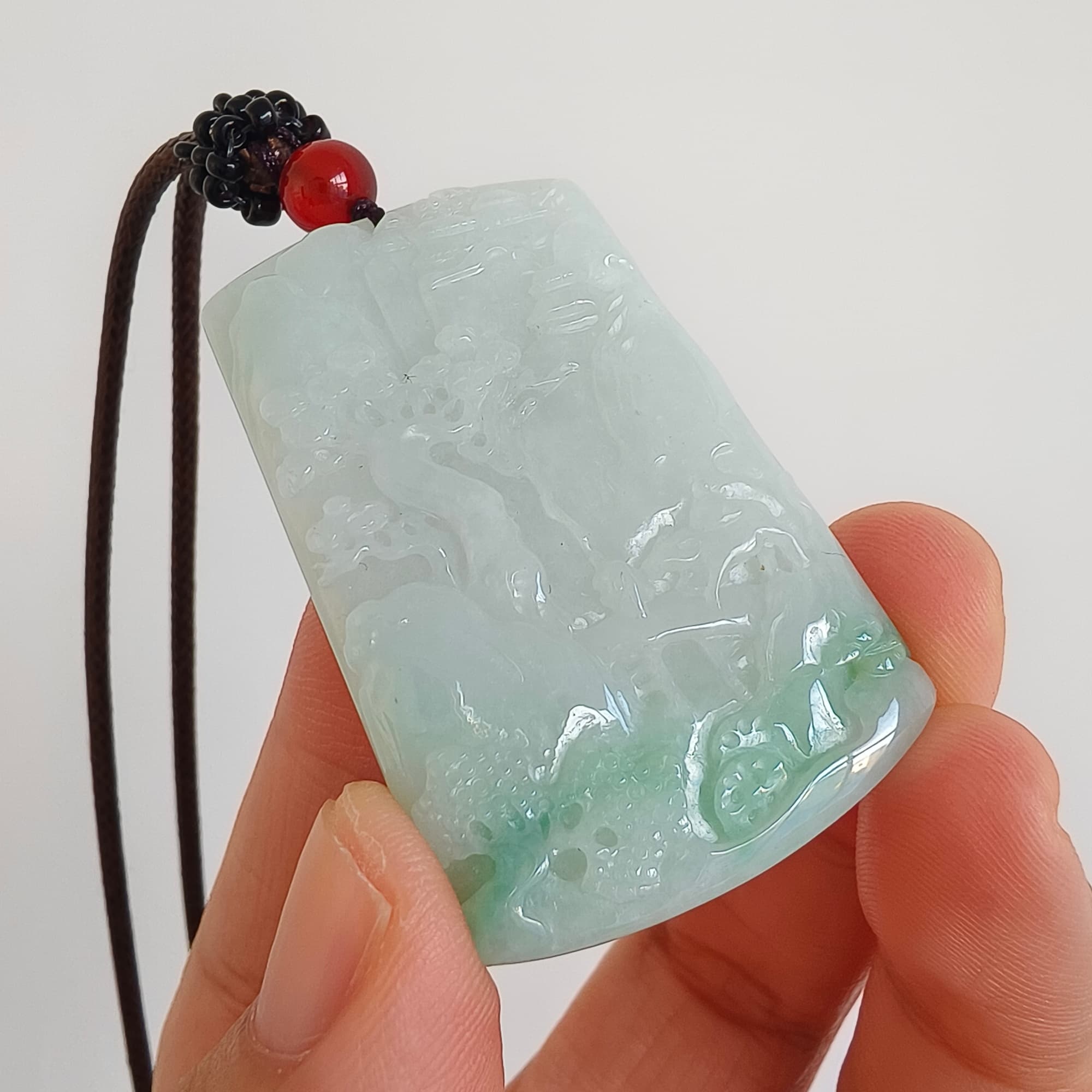 DDP 45.5mm Unique Natural Certificated Type A Untreated Icy Light Green Burmese Jadeite Rectangle Pendant With Landscape Carved