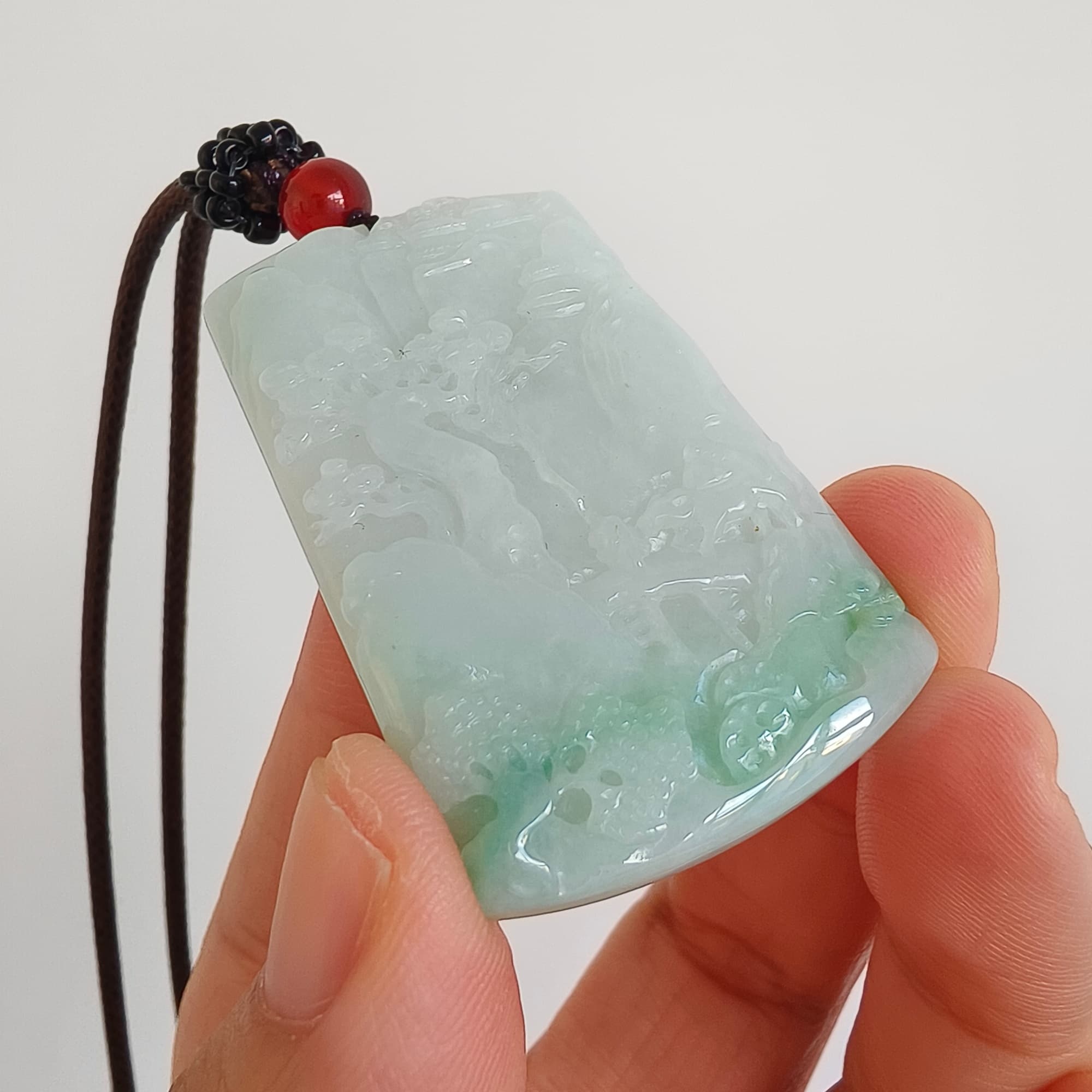 DDP 45.5mm Unique Natural Certificated Type A Untreated Icy Light Green Burmese Jadeite Rectangle Pendant With Landscape Carved