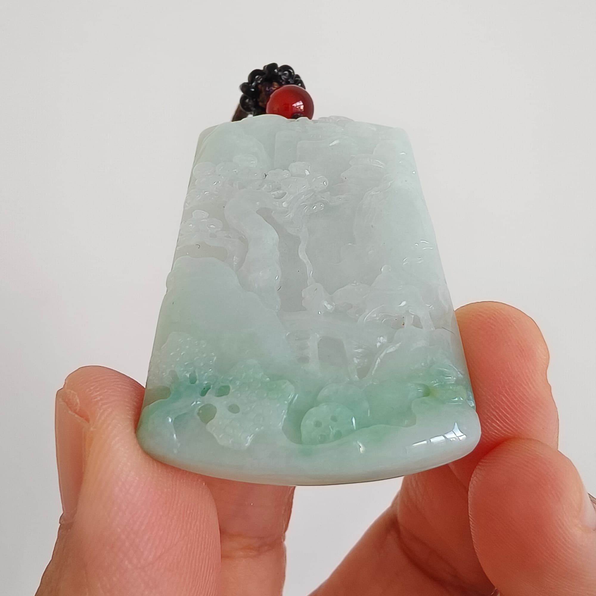 DDP 45.5mm Unique Natural Certificated Type A Untreated Icy Light Green Burmese Jadeite Rectangle Pendant With Landscape Carved