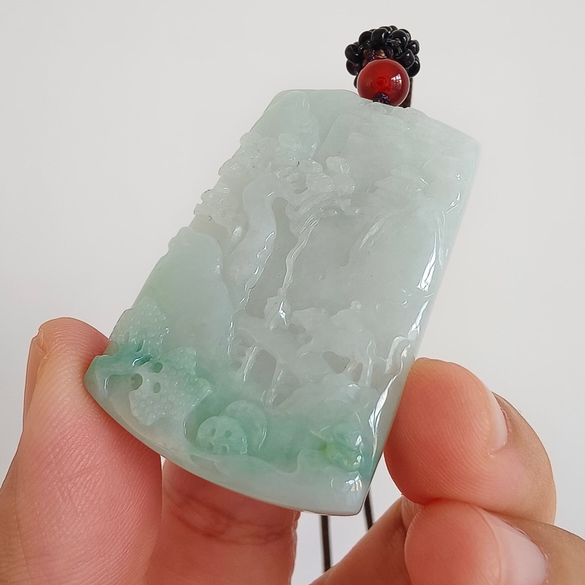 DDP 45.5mm Unique Natural Certificated Type A Untreated Icy Light Green Burmese Jadeite Rectangle Pendant With Landscape Carved