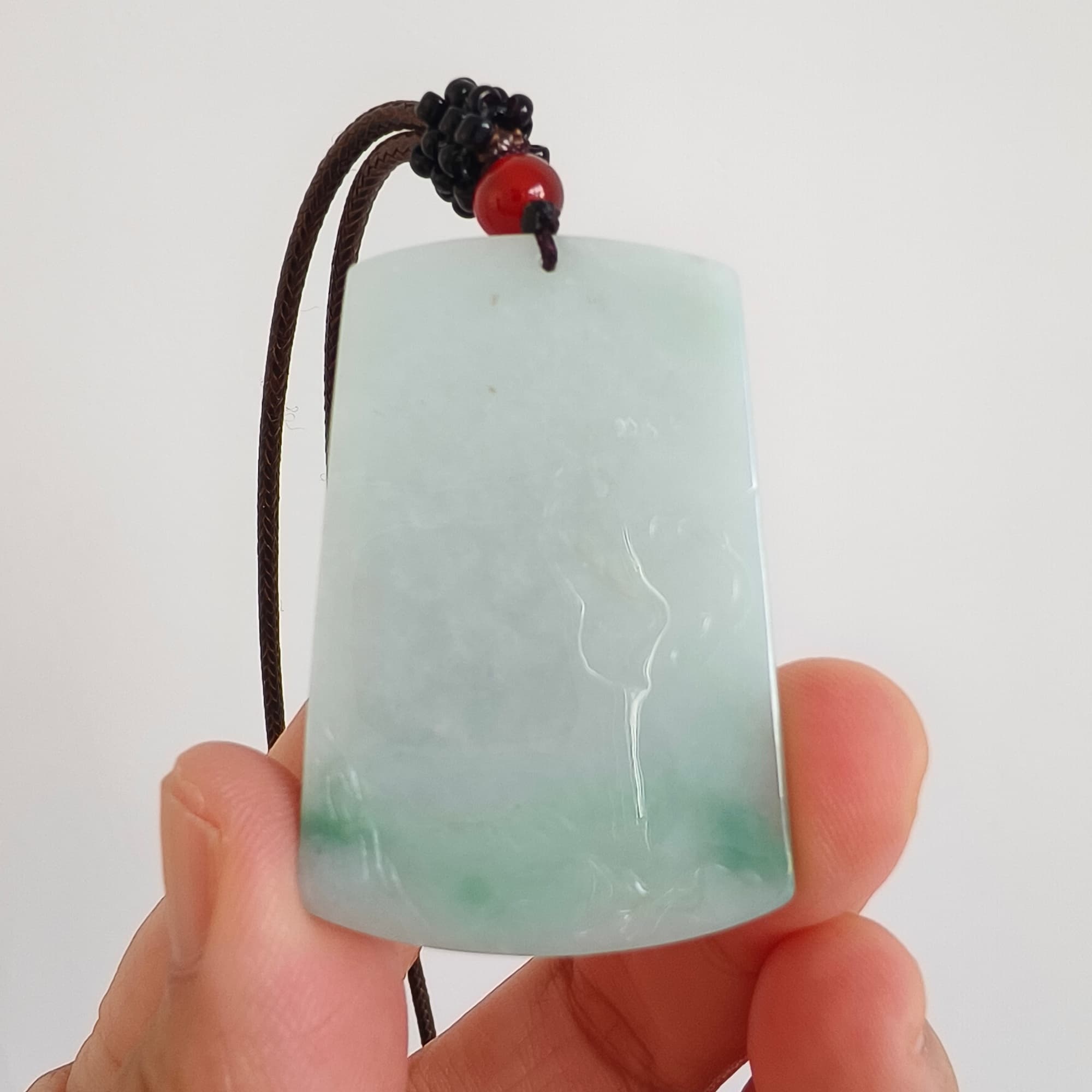 DDP 45.5mm Unique Natural Certificated Type A Untreated Icy Light Green Burmese Jadeite Rectangle Pendant With Landscape Carved