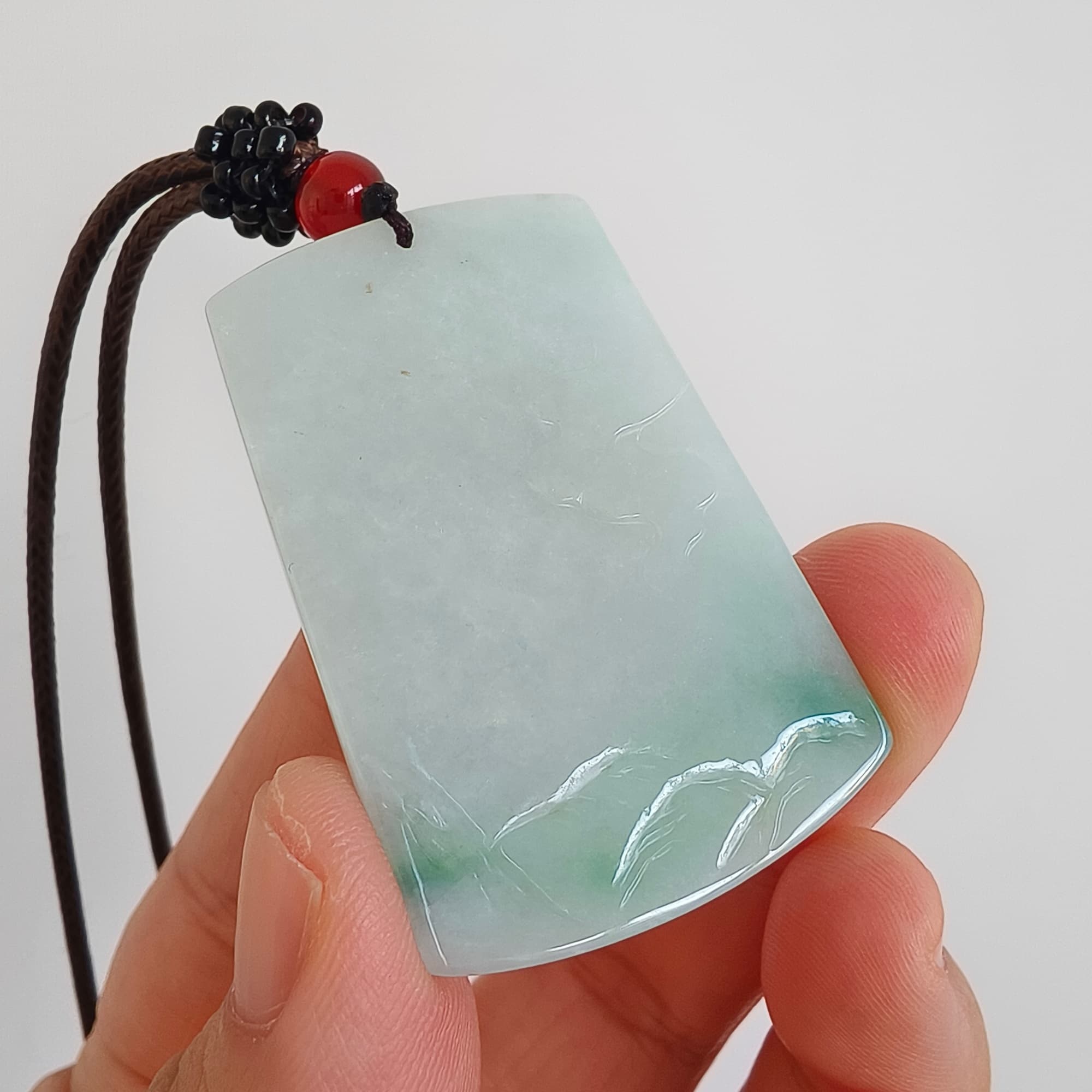 DDP 45.5mm Unique Natural Certificated Type A Untreated Icy Light Green Burmese Jadeite Rectangle Pendant With Landscape Carved