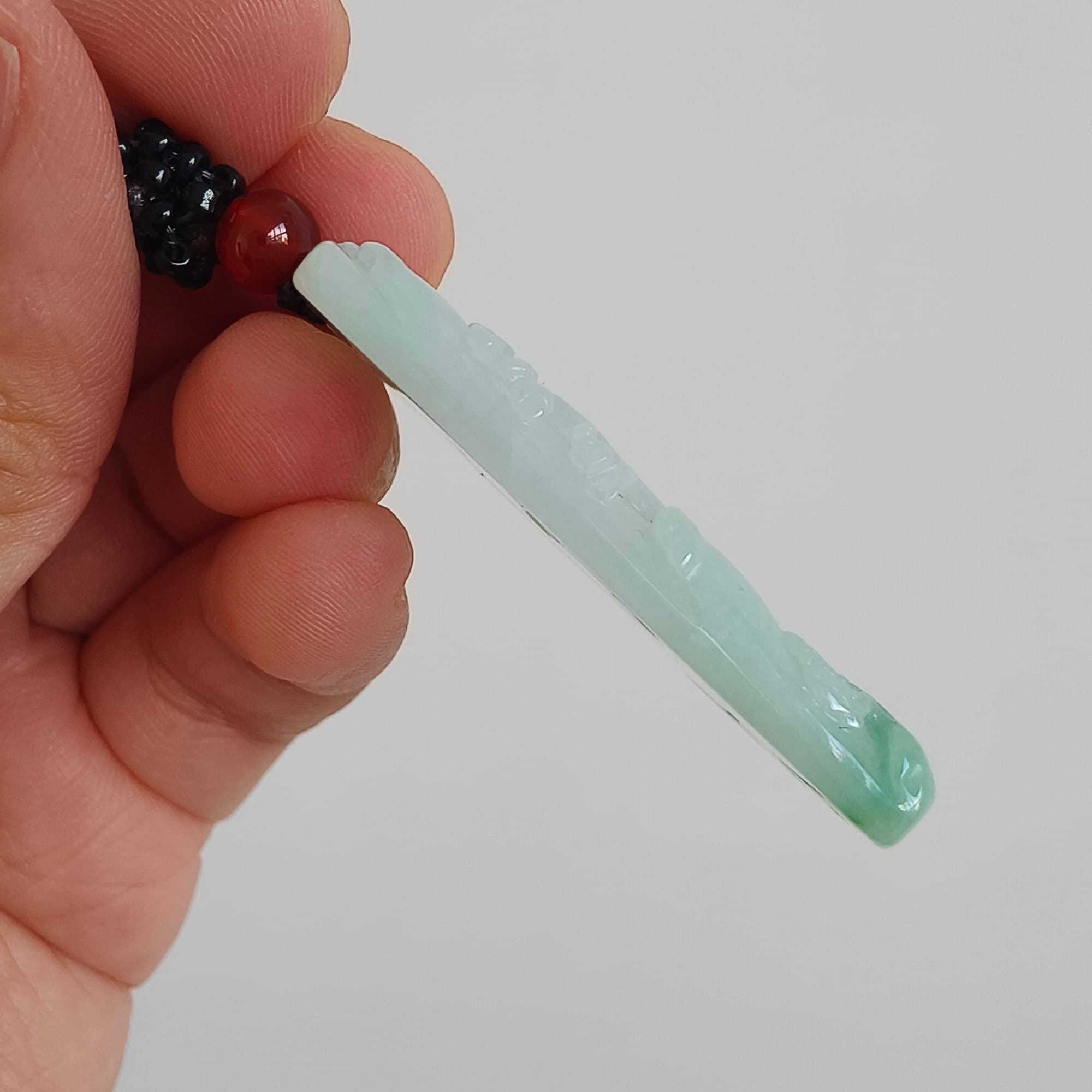 DDP 45.5mm Unique Natural Certificated Type A Untreated Icy Light Green Burmese Jadeite Rectangle Pendant With Landscape Carved